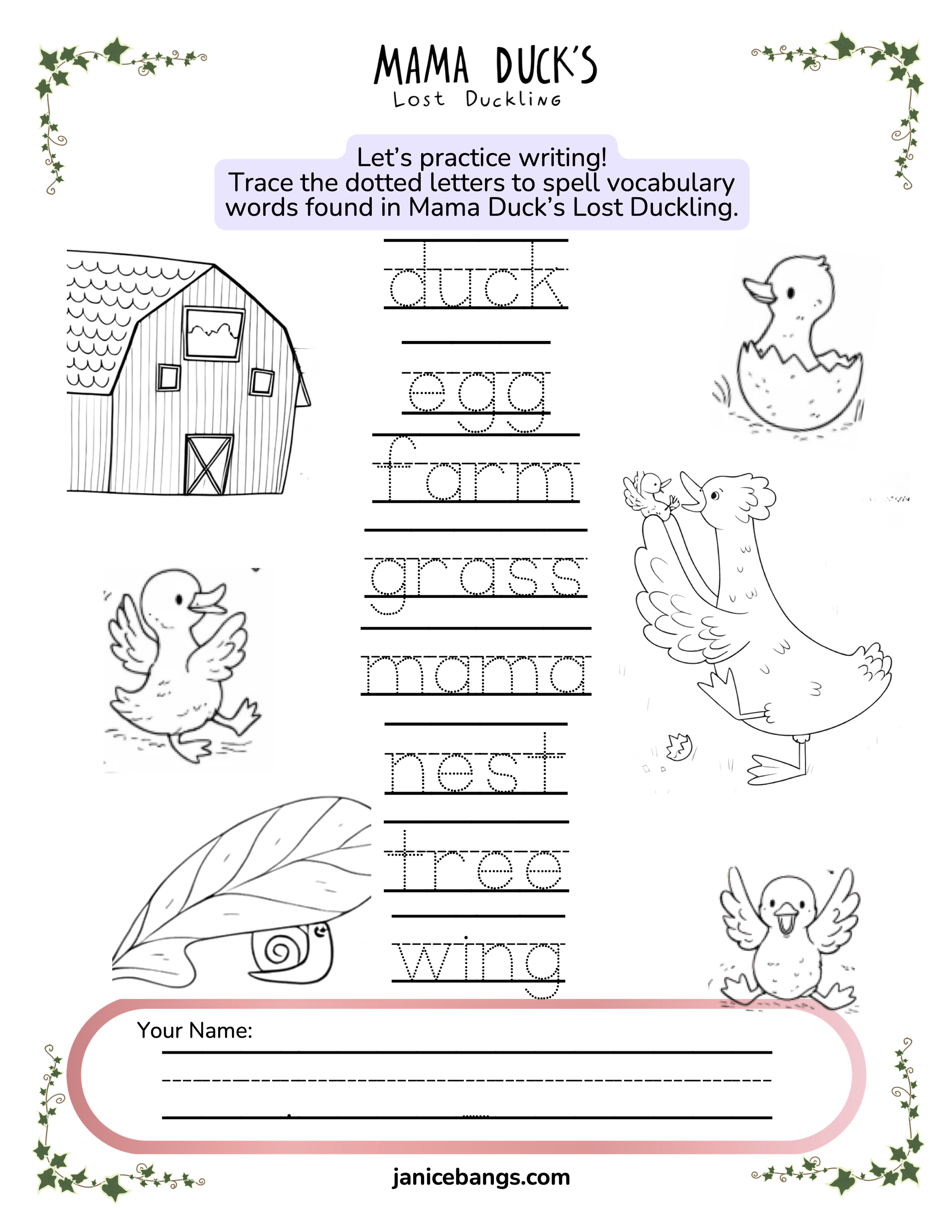A children's educational worksheet titled 'Mama Duck's Lost Duckling' with a practice activity to trace and spell vocabulary words. The worksheet features illustrations of a duck, ducklings, a barn, a leaf, and decorative holly in the corners.