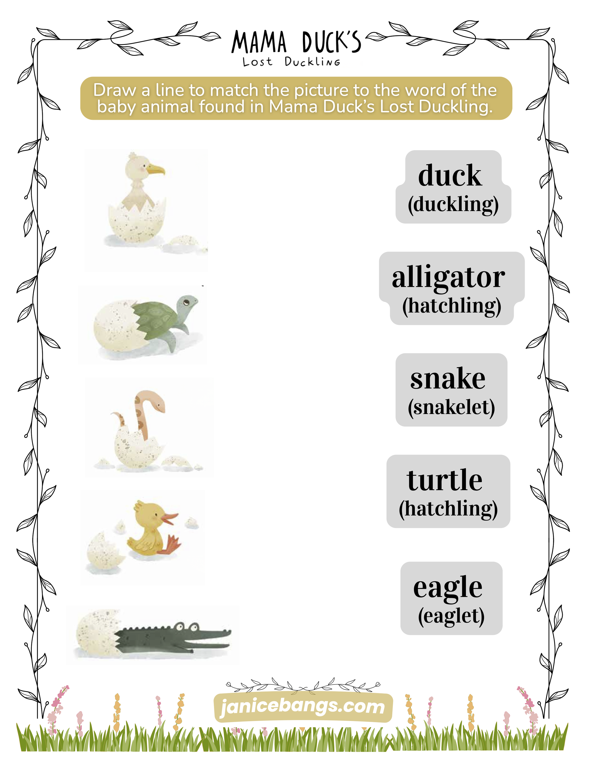 Illustration matching baby animals to their names: a duck hatching from an egg, a turtle hatching from an egg, a duckling, a snake, an alligator, and an eagle.