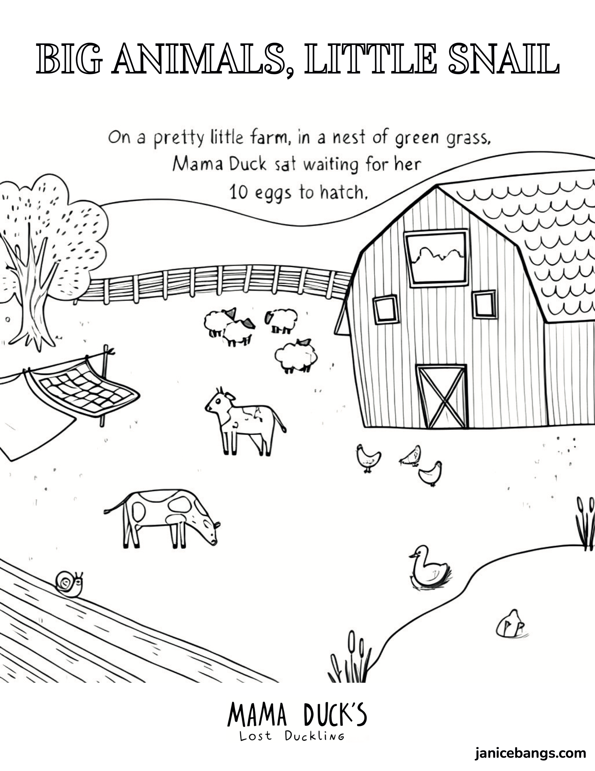 Coloring Page - Pretty Little Farm with cows, ducks, sheep