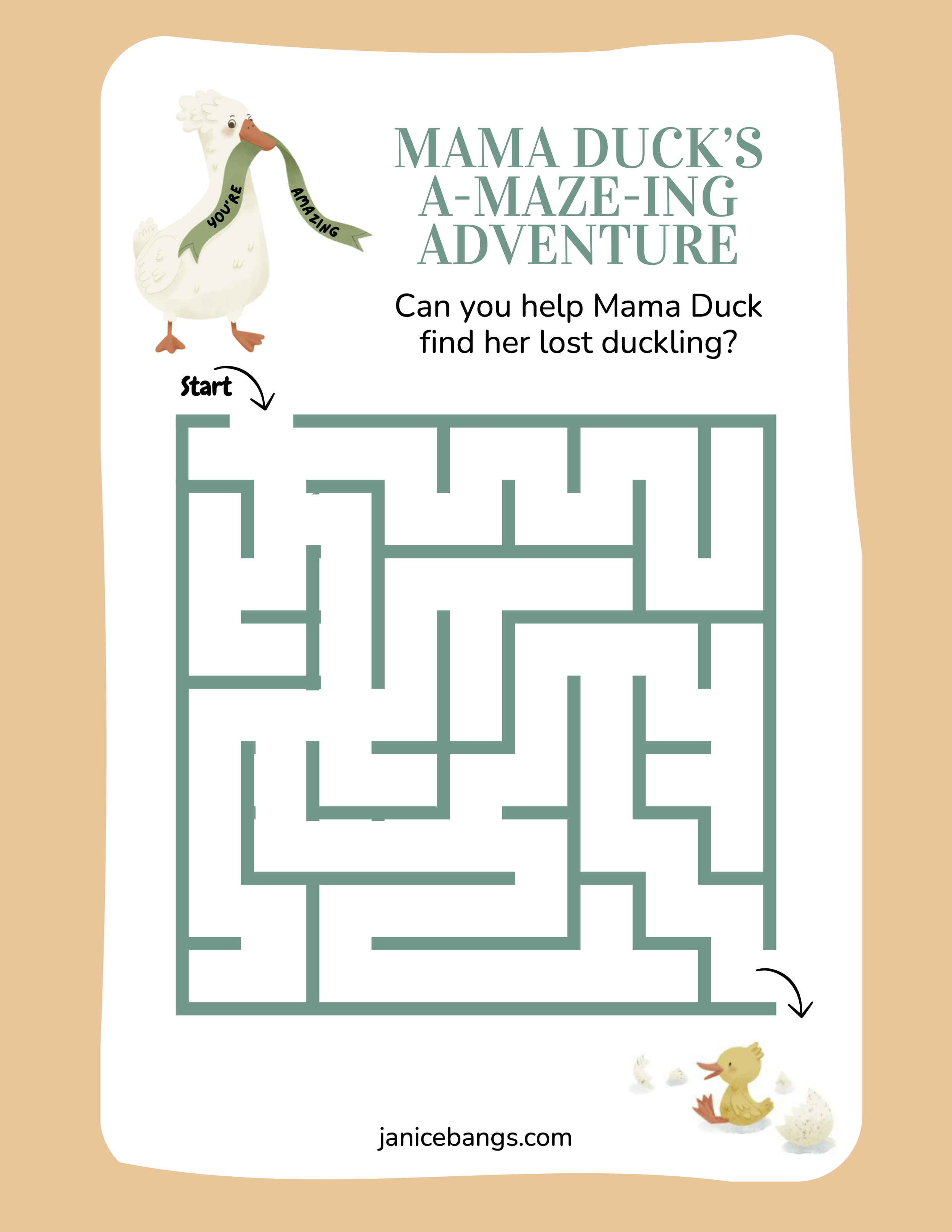 A maze game titled 'Mama Duck's A-Maze-Ing Adventure' featuring an illustration of a mama duck with a ribbon around her neck that says 'You're Amazing' and a mother duck with ducklings at the bottom right corner. The maze starts at the mama duck and ends at the ducklings.