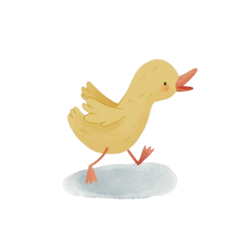 A cute cartoon baby chick standing on an oval white surface with one wing raised.