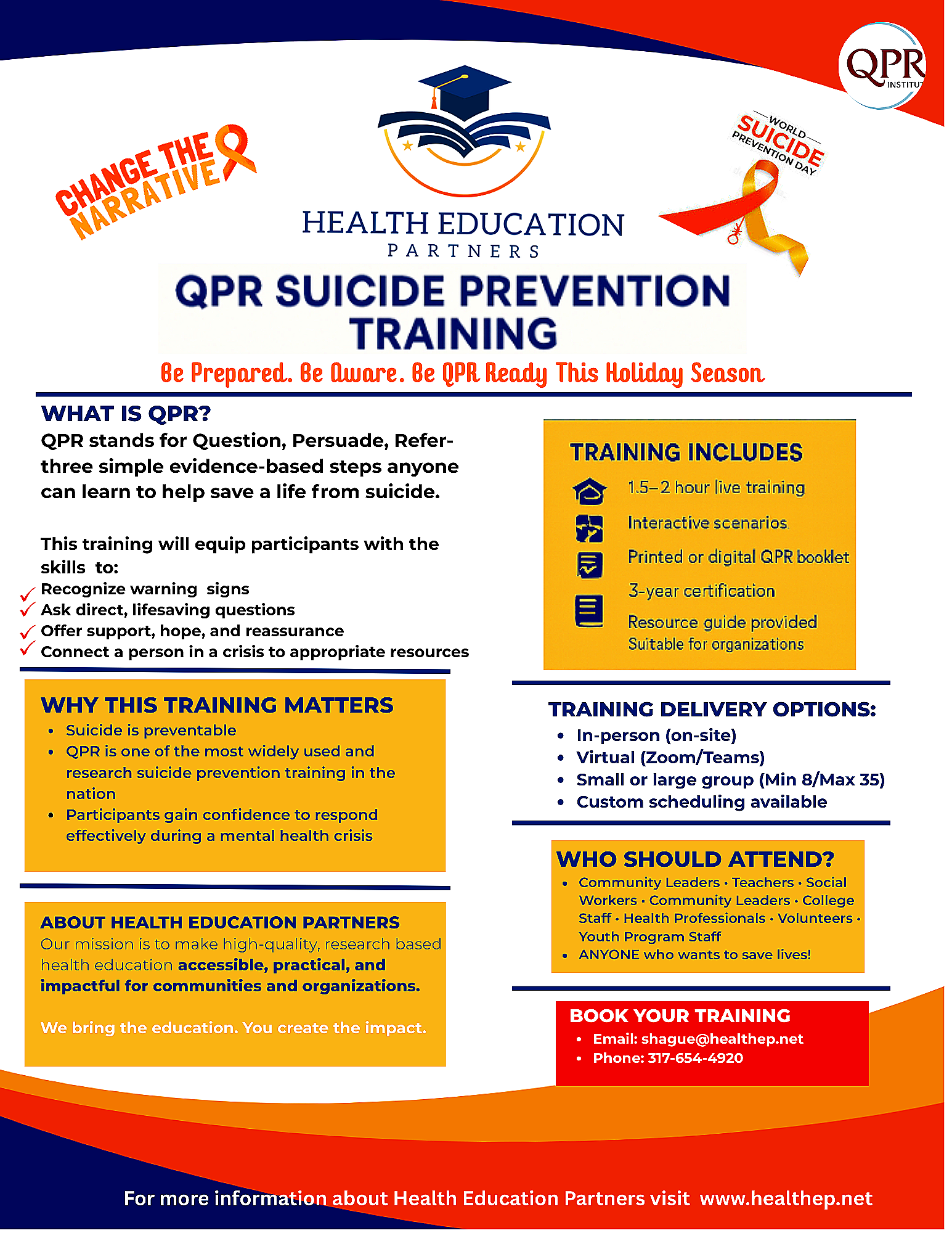 Flyer for QPR Suicide Prevention Training with information on training content, delivery options, target audience, and contact details.
