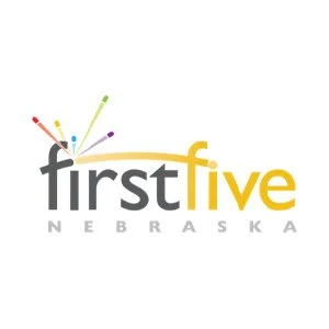 Logo for First Five Nebraska with colorful paint splashes above the text.