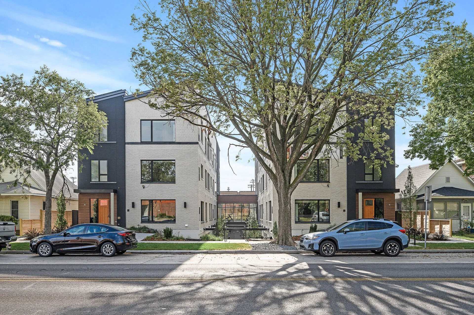 Modern multi-story apartment building with large trees and parked cars on the street in a residential neighborhood.