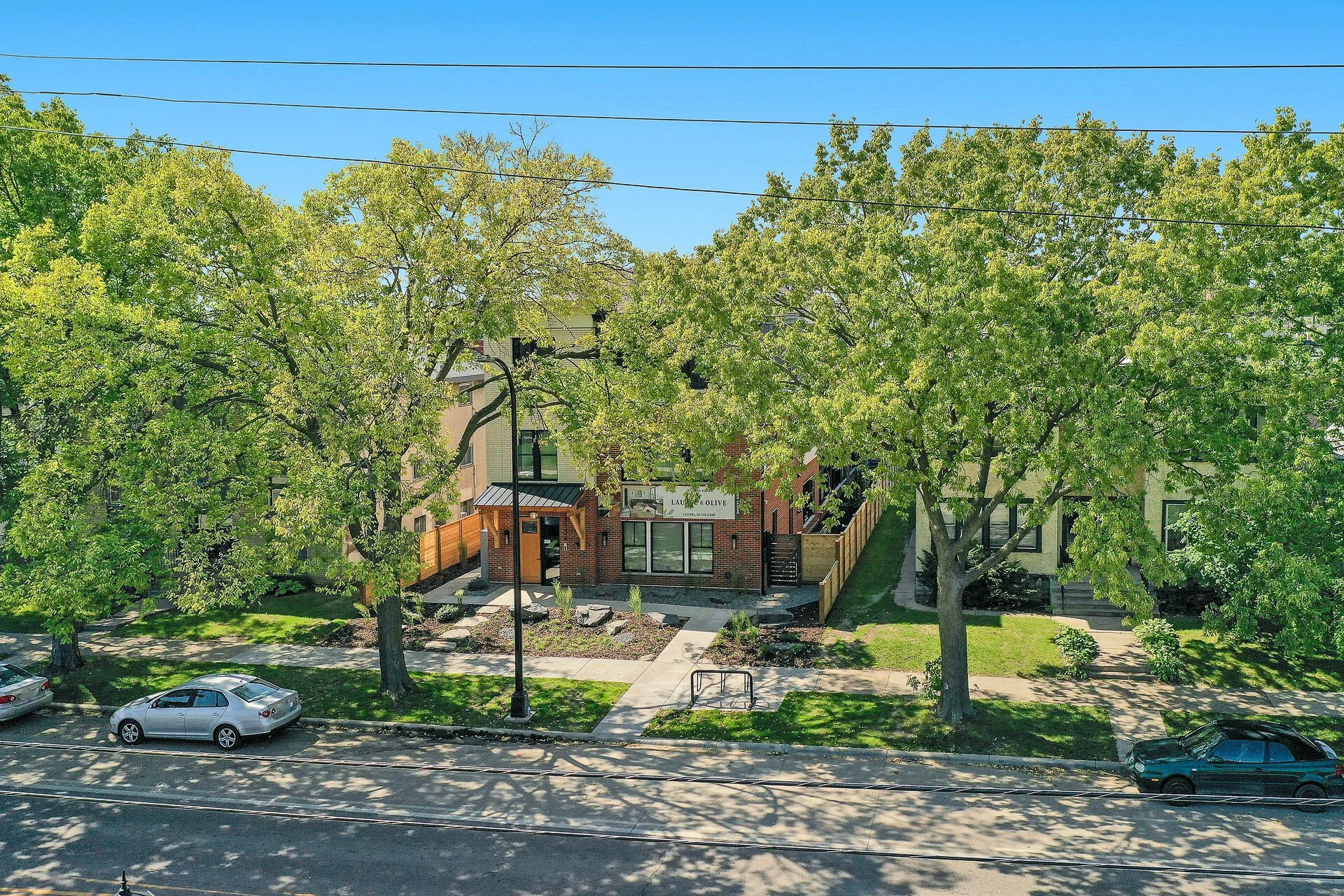 A row of trees lining a sidewalk in front of a modern residential building with a brick facade and large windows, on a sunny day with clear blue sky.