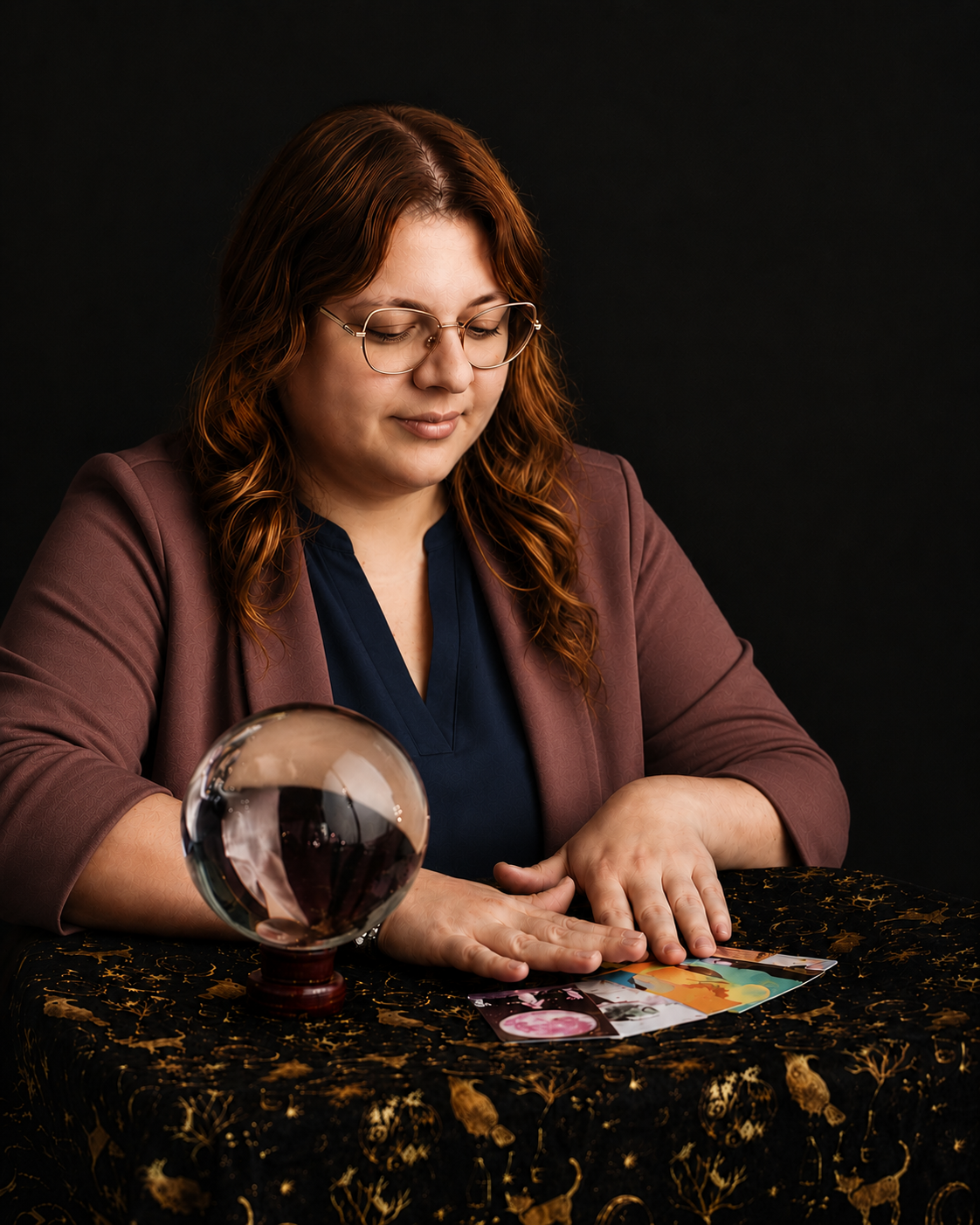 A woman with red hair, glasses, and a brown blazer looks down at tarot cards on a black and gold tablecloth, with a crystal ball nearby against a black background.
