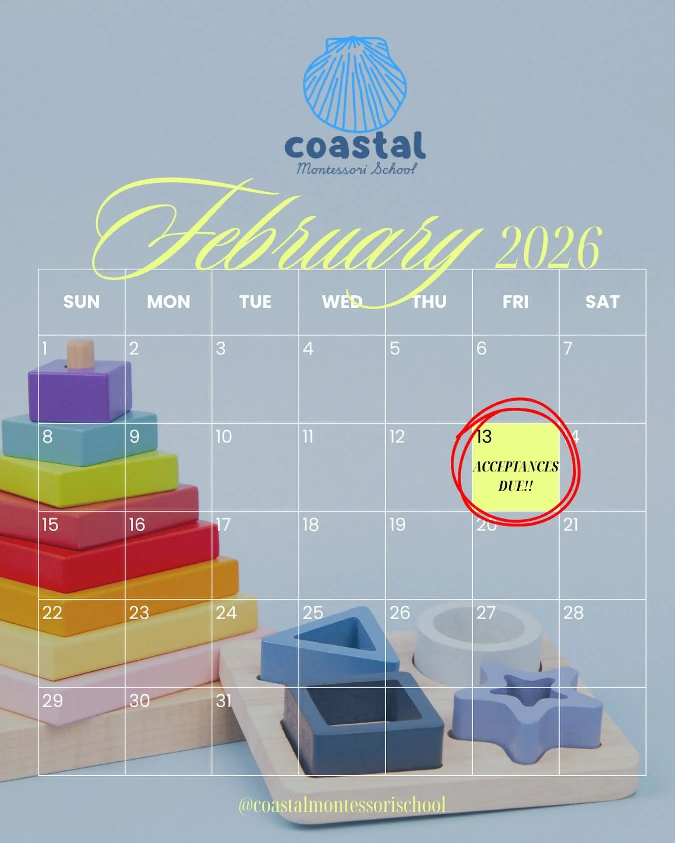💌Reminder: Acceptances to Coastal Montessori School for the &lsquo;26-27 school year are due TOMORROW!!! 

If you&rsquo;ve received an acceptance, please respond via email to secure your spot! 

Still considering CMS? Don&rsquo;t worry, you can stil