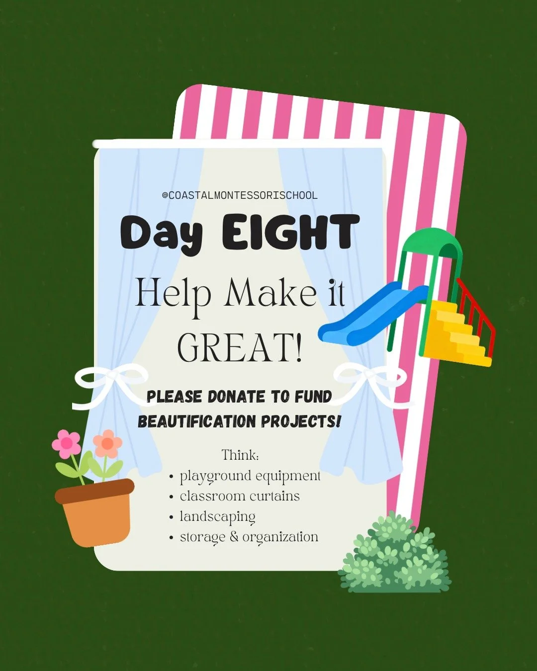 ✨Day EIGHT✨ Make it GREAT!

Please consider donating today to help give our new space and school a facelift! 

☀️Each classroom has floor to ceiling windows that let in glorious sunlight, however at times during the day it can be a bit strong so we n