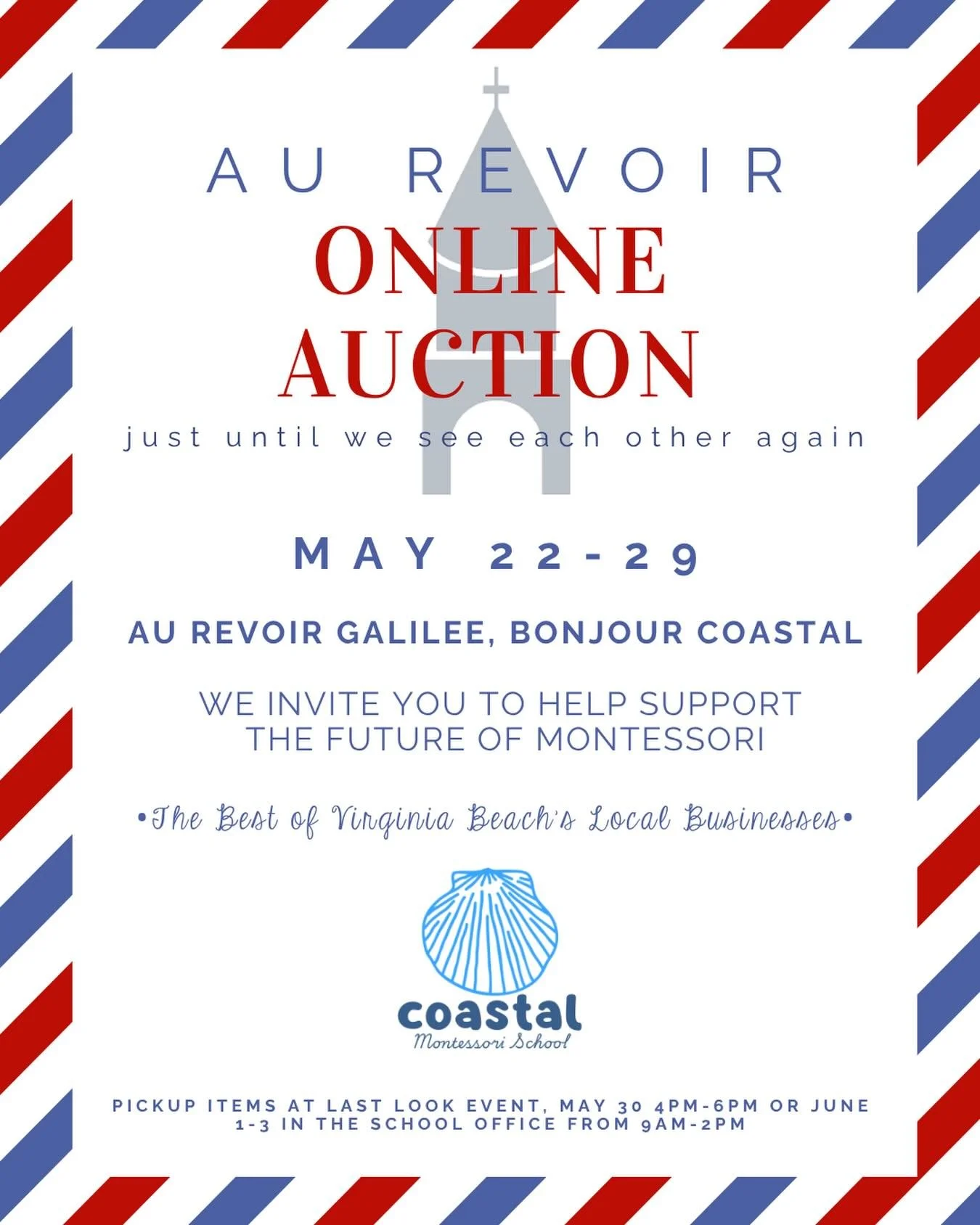 ❤️LIVE NOW!!!💙The Au Revoir Auction is open to shop! 

From now until next Friday, May 29 you have the chance to snag any one of these incredible items from local Virginia Beach businesses. 

All proceeds go to Coastal Montessori School to help fund