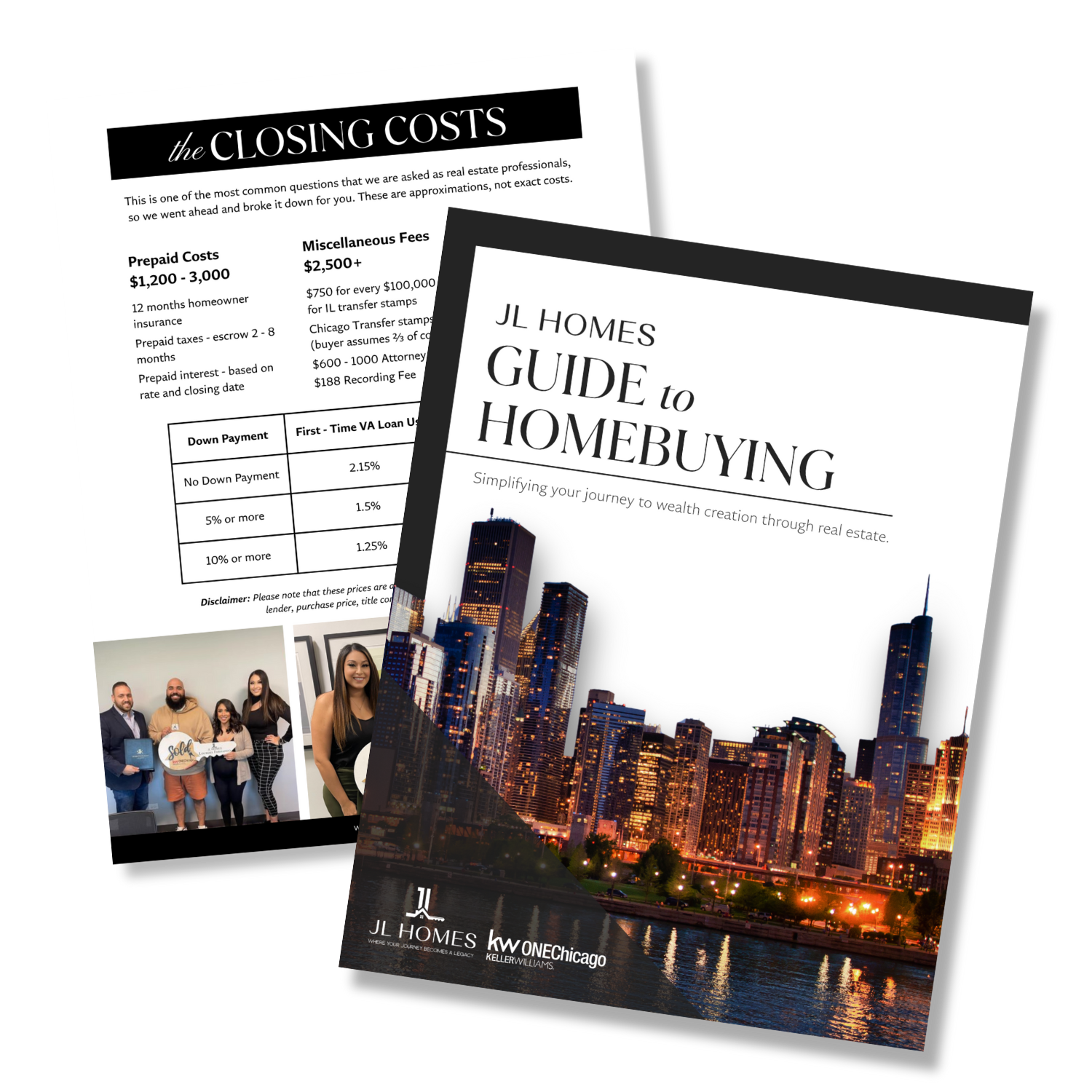 An open brochure titled "Guide to Homebuying" featuring a city skyline image on the cover, and a second page outlining closing costs and fees for real estate transactions.