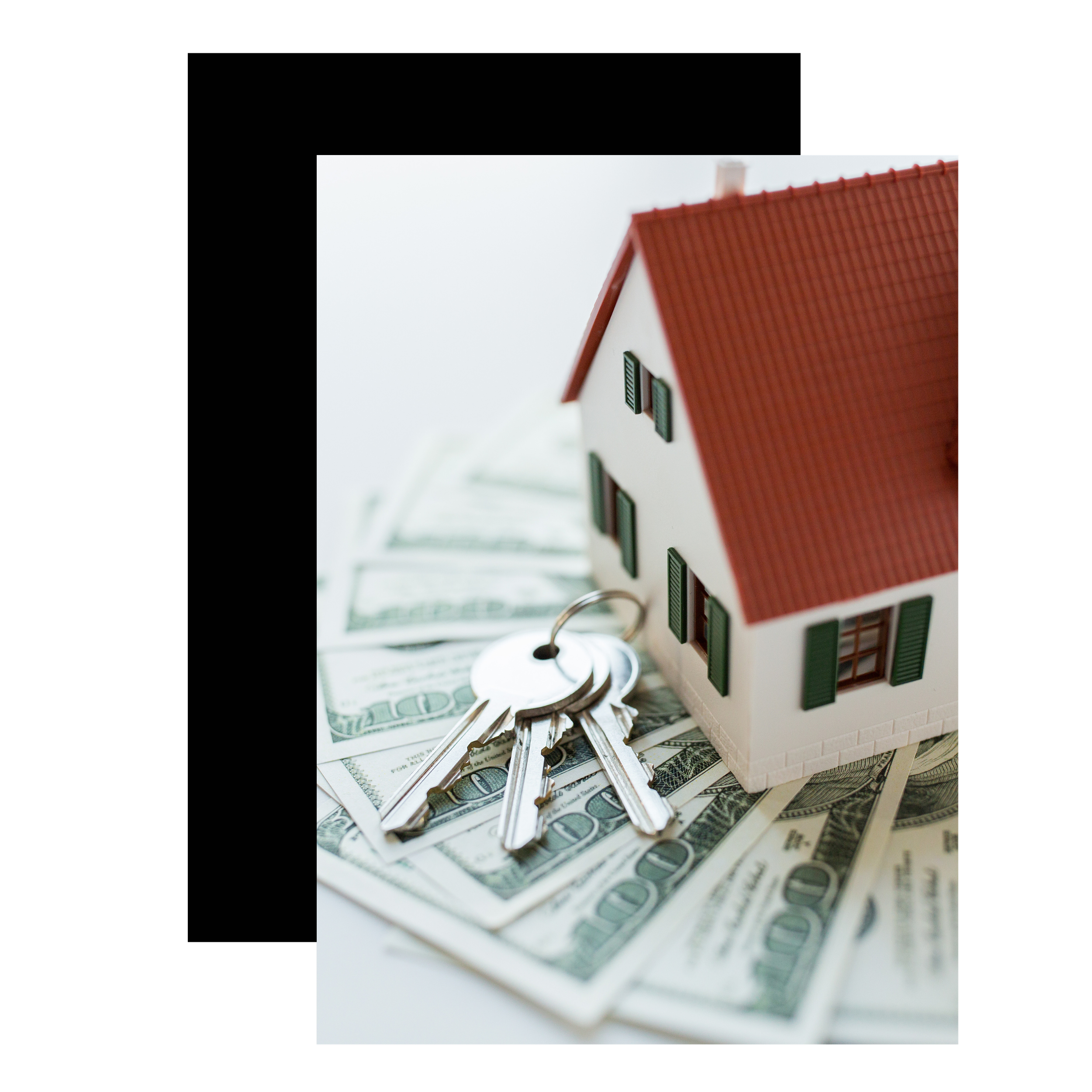 Miniature house placed on top of hundred-dollar bills with keys in front of the house.