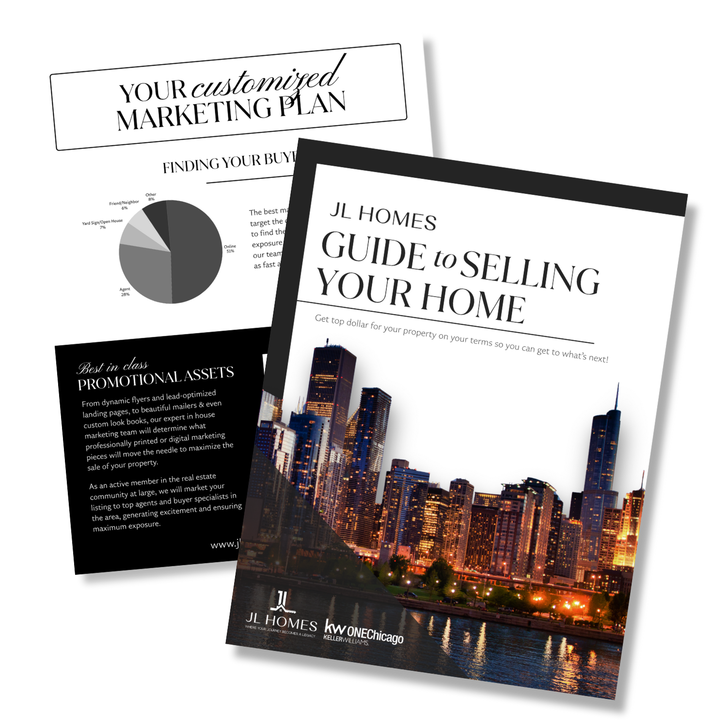 Two real estate brochures, one titled "Your Customized Marketing Plan" with a pie chart, the other "Guide to Selling Your Home" with a city skyline at sunset.