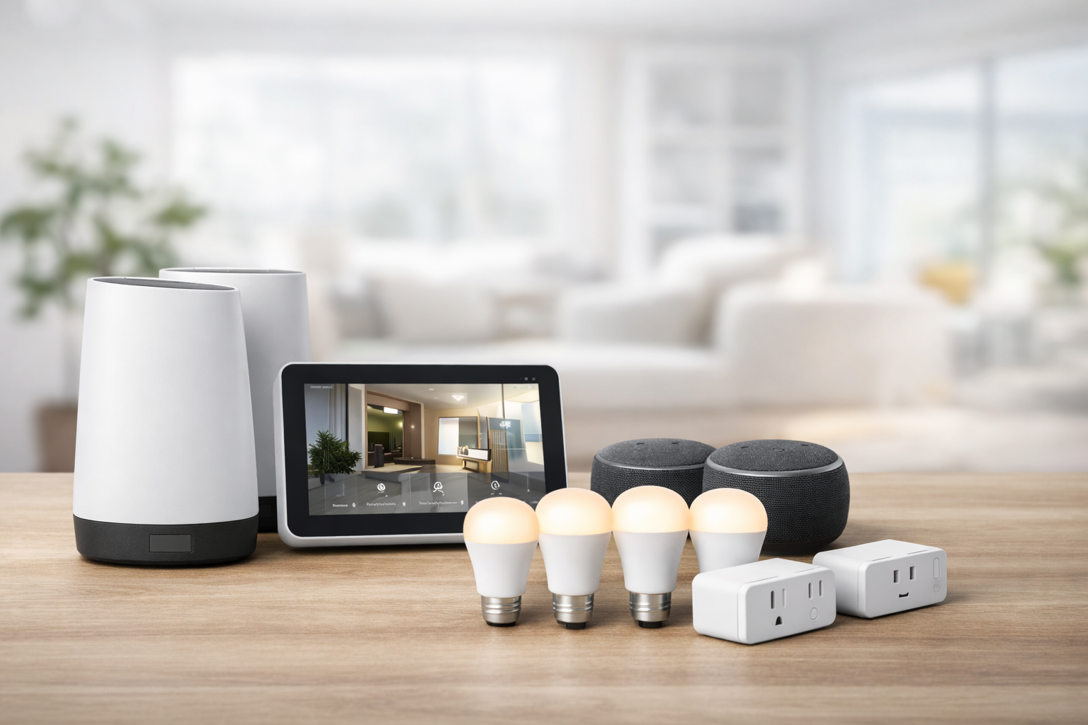 Smart home devices on a wooden surface, including smart speakers, a touch screen control panel, smart light bulbs, and smart plugs, with a blurred modern living room in the background.