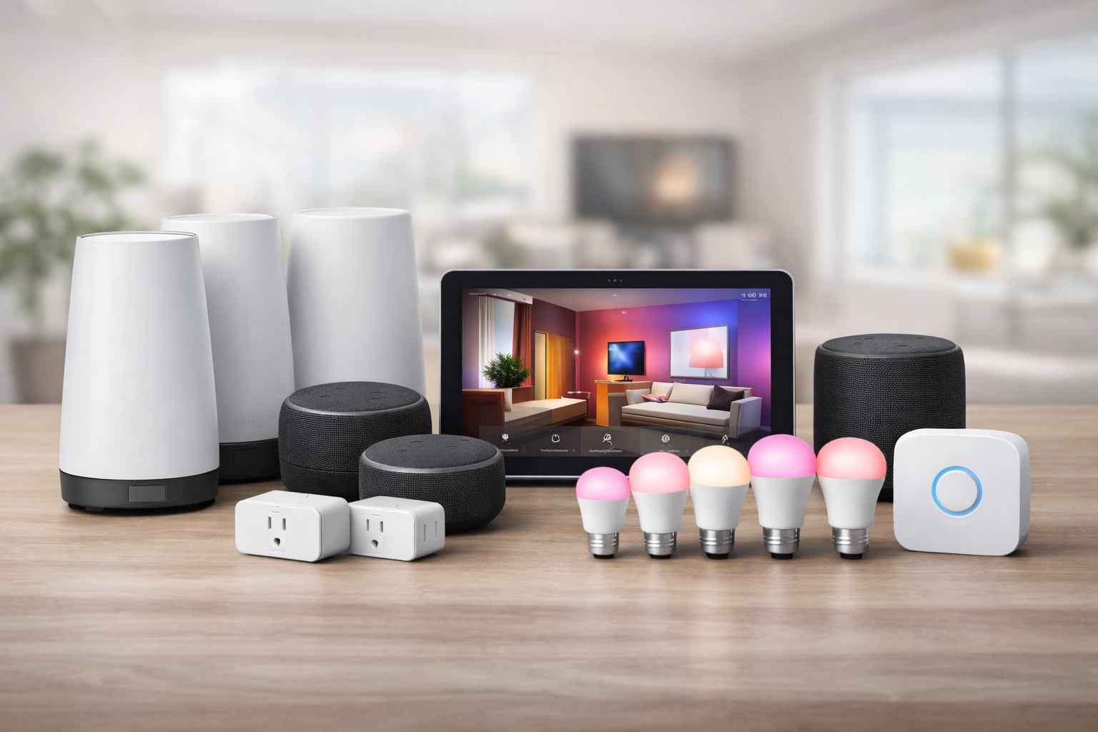 Smart home devices including smart speakers, smart light bulbs in various colors, a smart display showing a living room scene, and smart plugs on a wooden table.