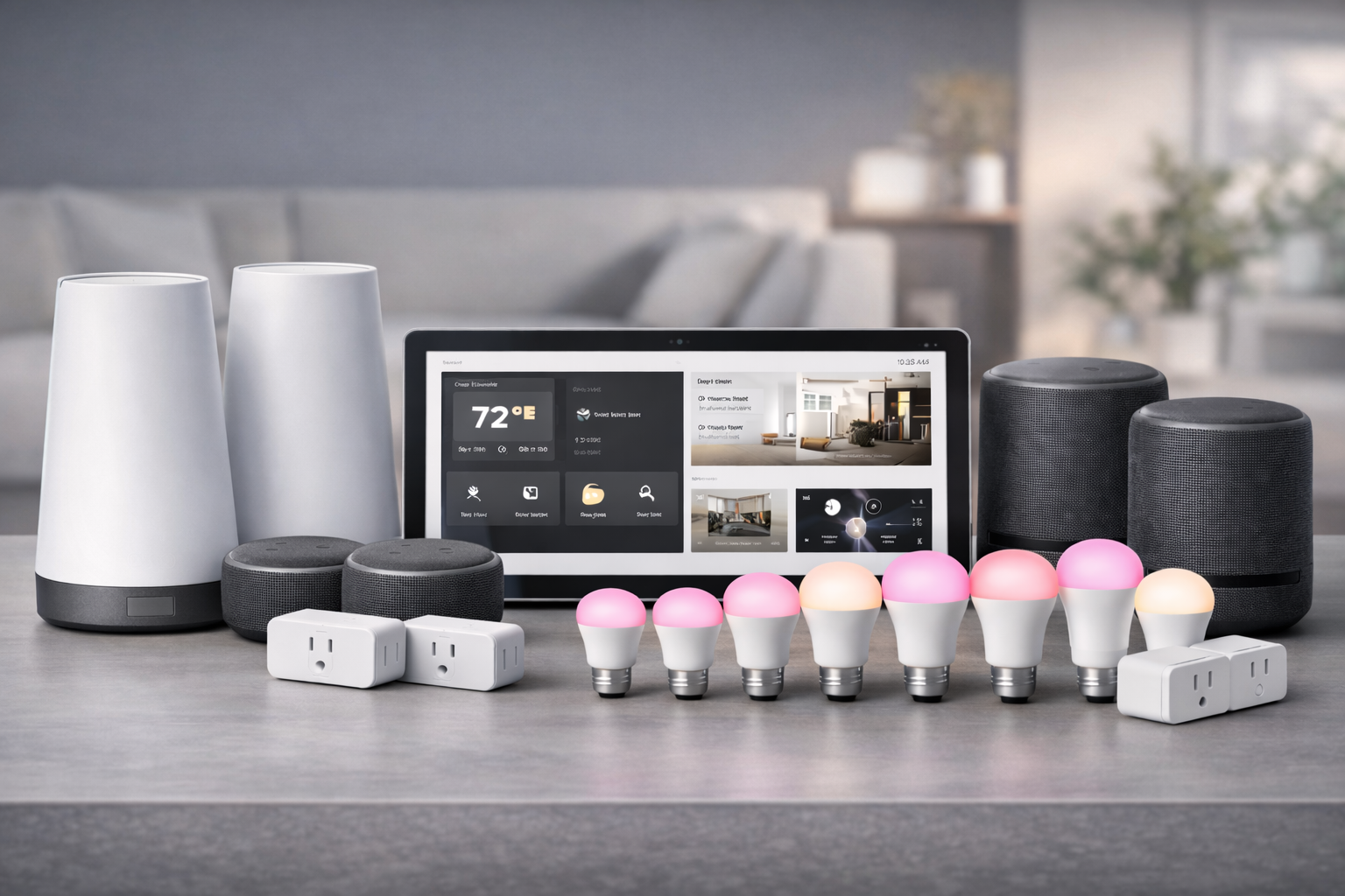 Smart home automation system with various speakers, smart bulbs, power outlets, and a control tablet on a modern table.
