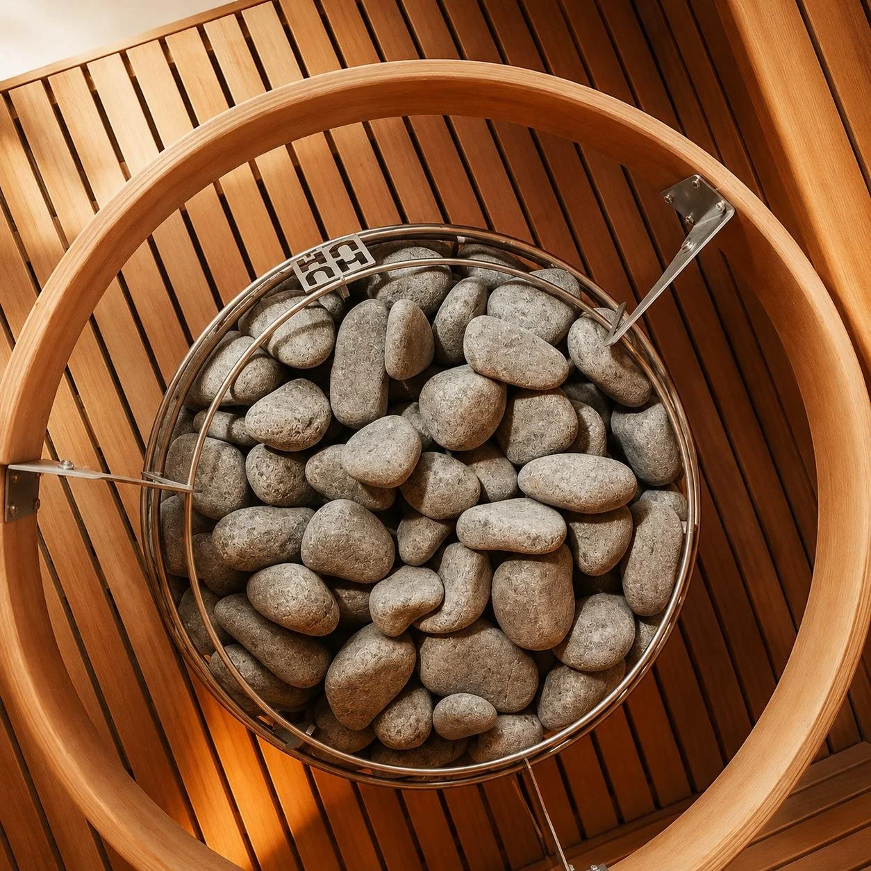 A circular sauna bench with a metal bucket filled with smooth gray stones, surrounded by wooden slats.