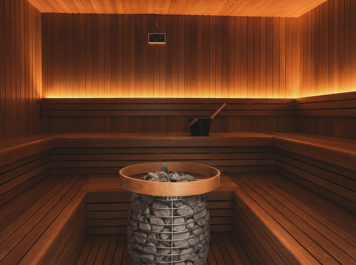 Interior of a traditional Finnish sauna with wooden benches, a bucket with a dipper, and a stove with stones for steam.