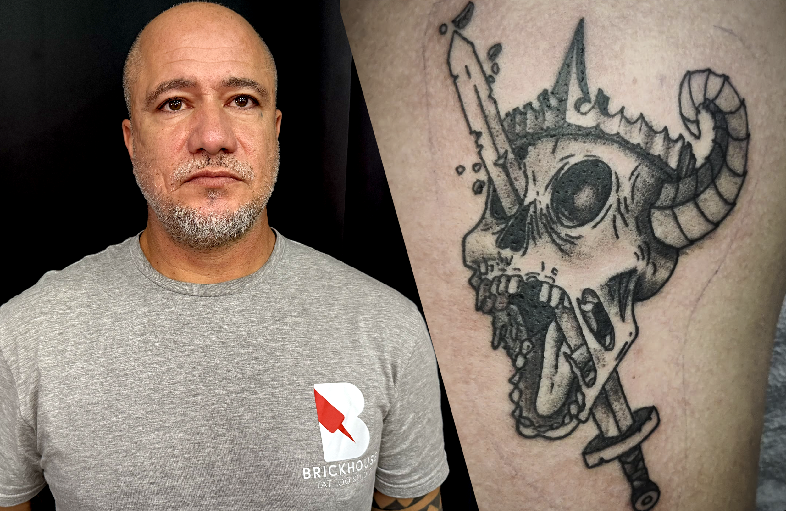 Tattoo artist Seneca Hopps in studio with his skull with sword black and grey tattoo piece.