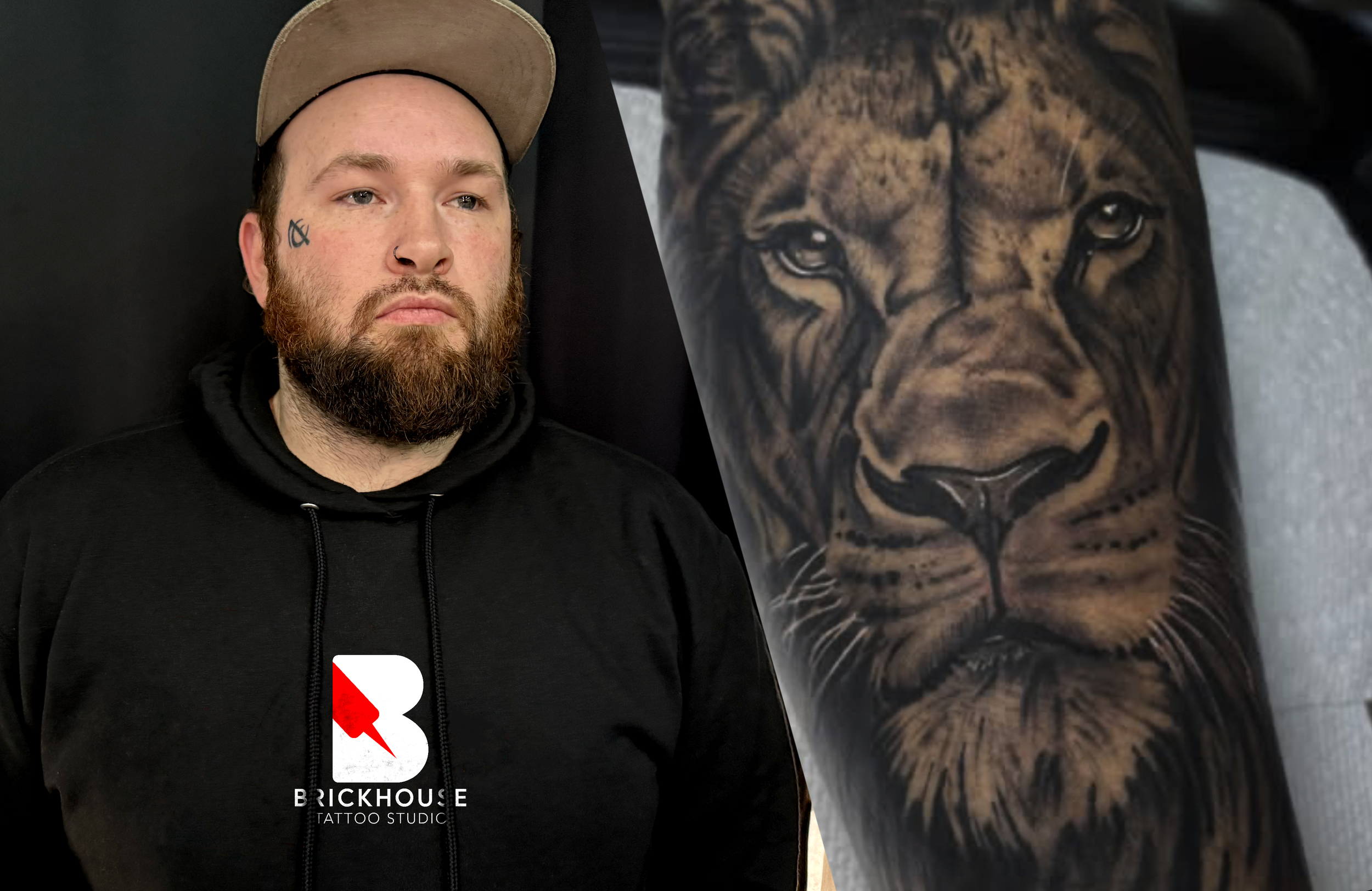 Tattoo artist Chandlier Harford in studio with his black and grey realism lion tattoo.