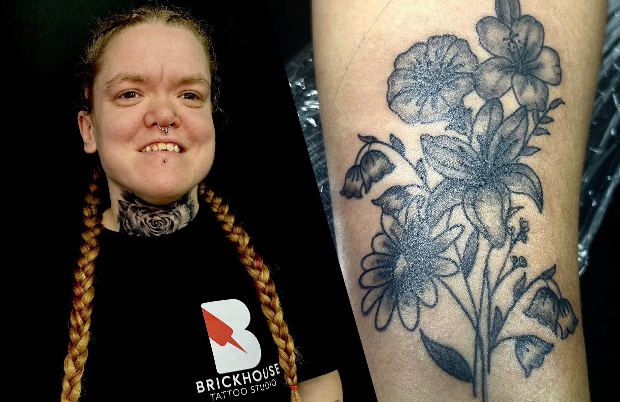 Tattoo artist Makayla Mullins in studio smiling with black and grey fineline flower tattoo
