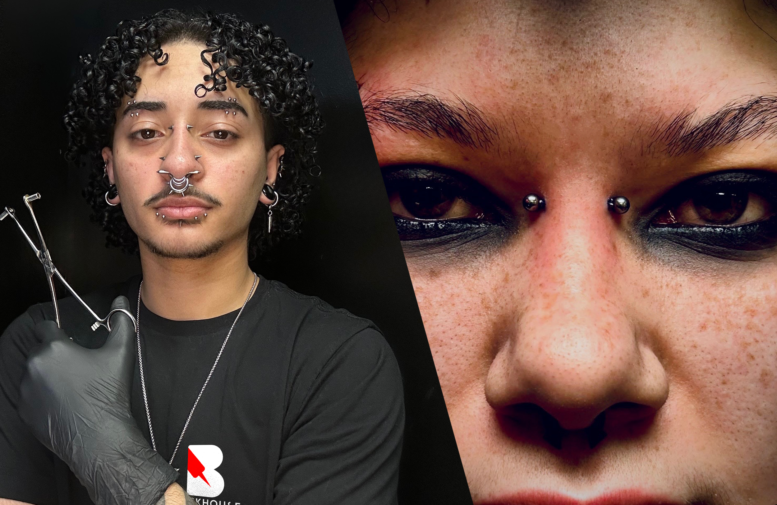 Piercer Michael Fontan in studio with gear and image of a piercing on the bridge of the nose