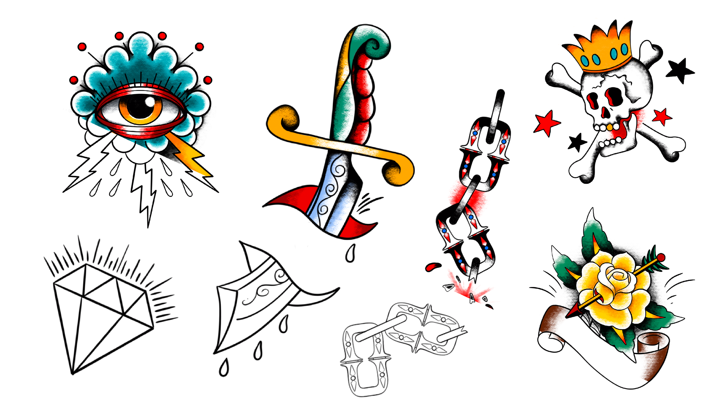 American Traditional Flash set drawn by artist Norman Wilkerson, half colored and half line work.