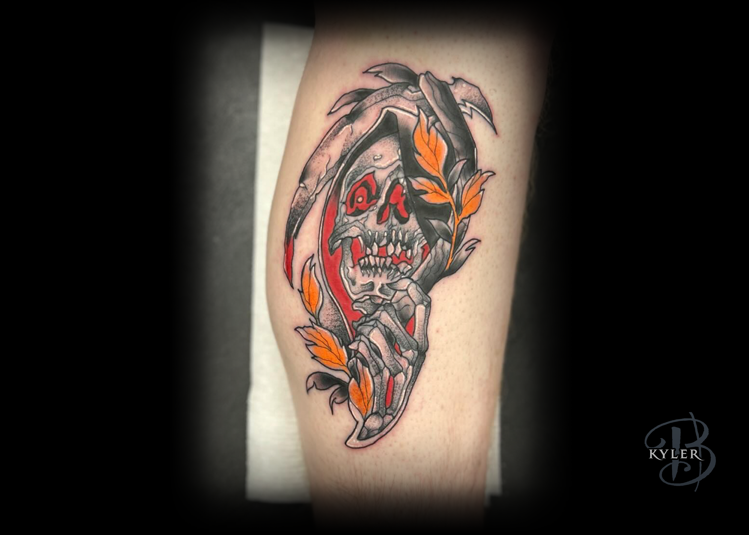A Kyler Brown Neo-Traditional grim reaper tattoo in color.