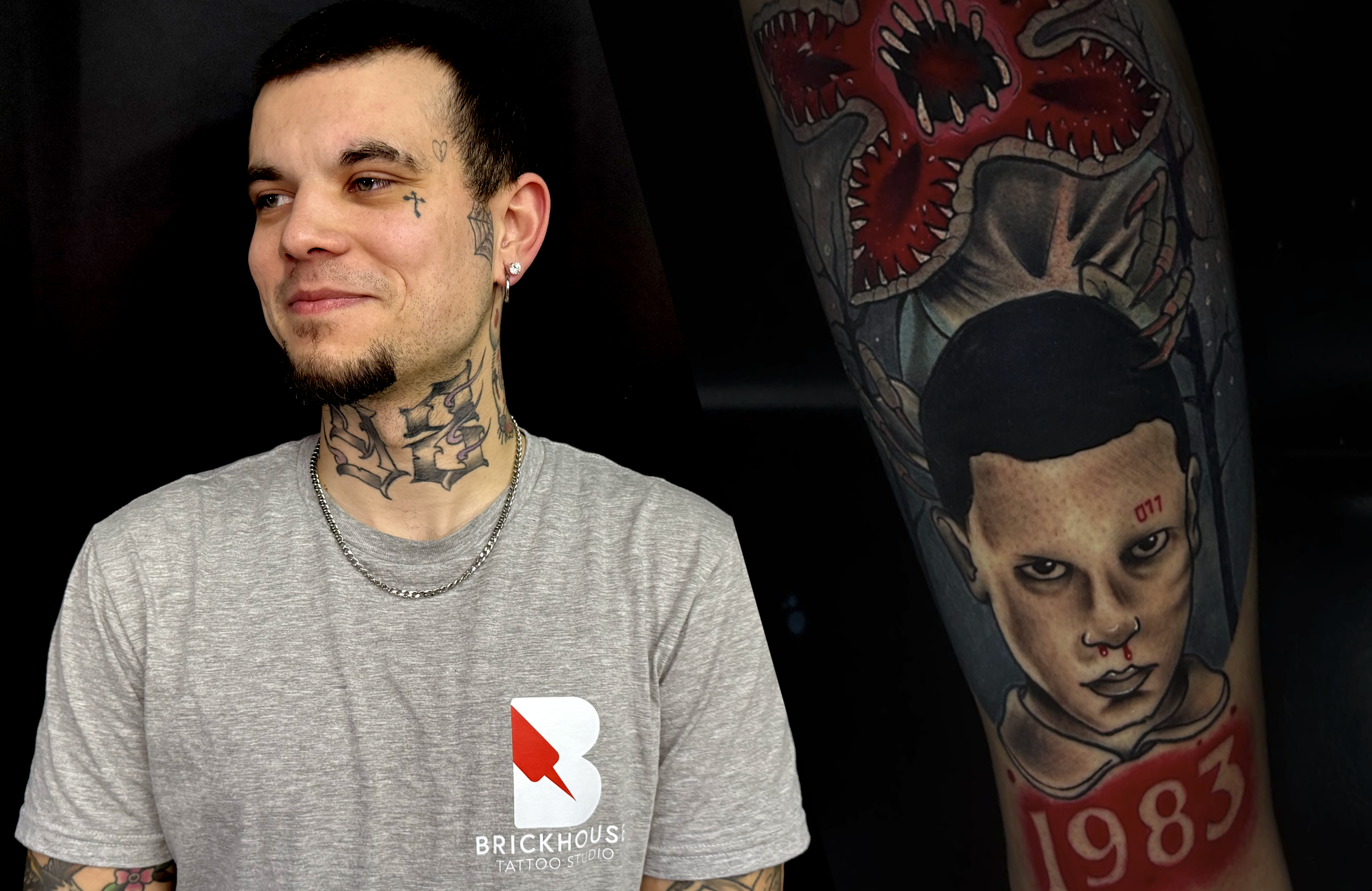 Tattoo artist Kyler Brown smiling in studio with his collaboration with Chandlier Harford stranger things tattoo piece