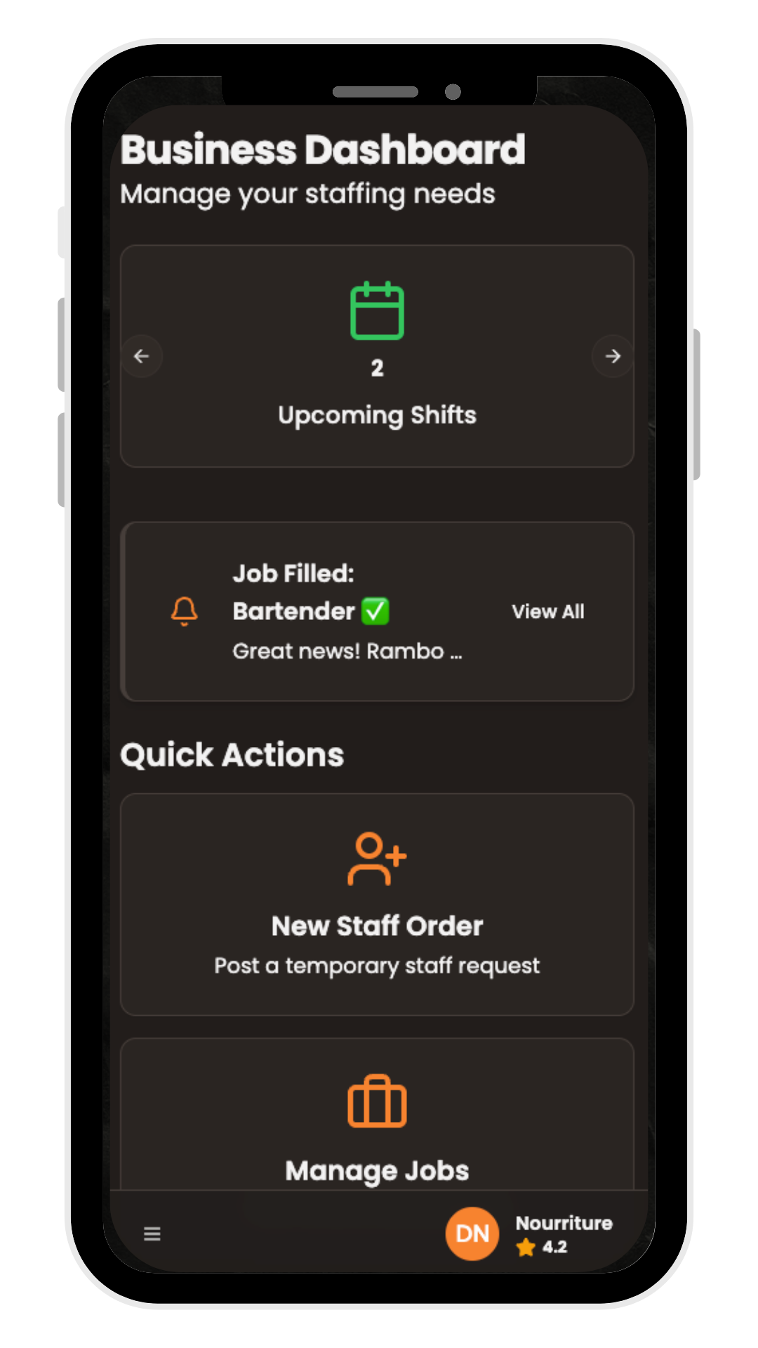 Mobile phone screen displaying a business management app with sections for upcoming shifts, job filled, quick actions like new staff order and manage jobs, and what appears to be a staff schedule or messaging area at the bottom.