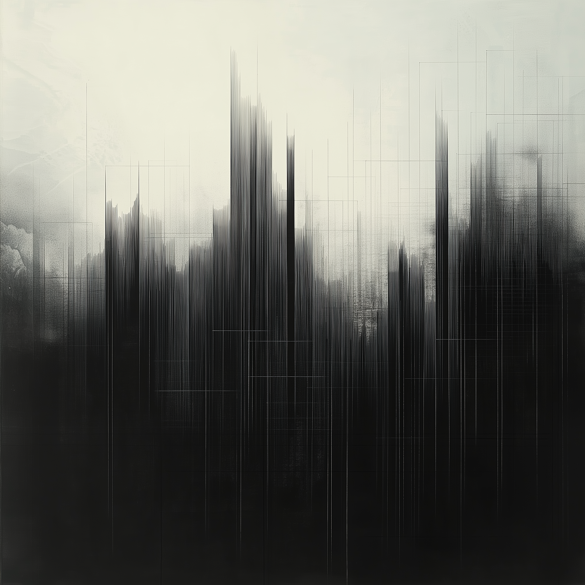 Abstract digital art with black vertical lines resembling city skyscrapers against a light background, with grid and noise effects.