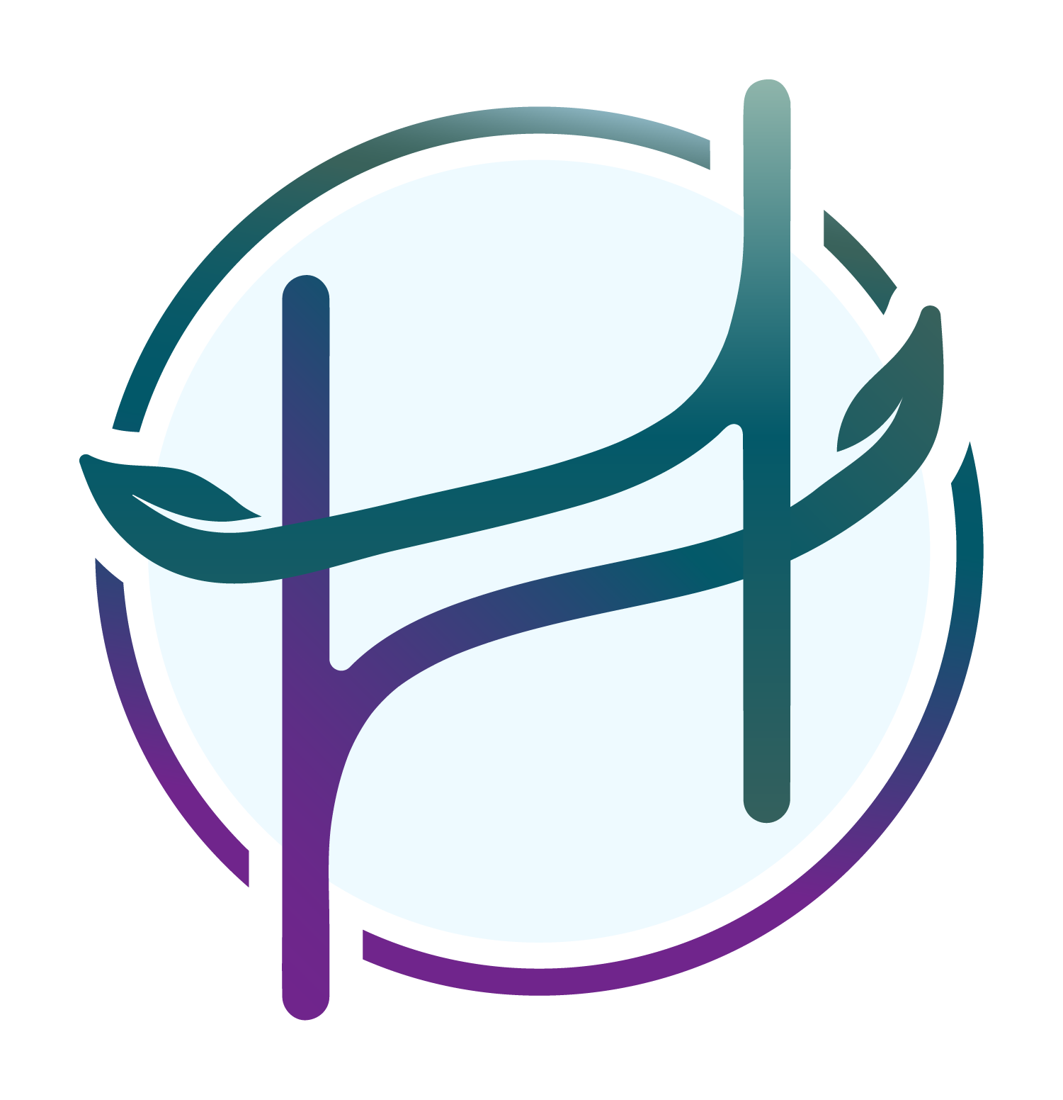 A circular brand mark, containing a stylized letter "H" in the center of the circle with two leaves growing on each side.