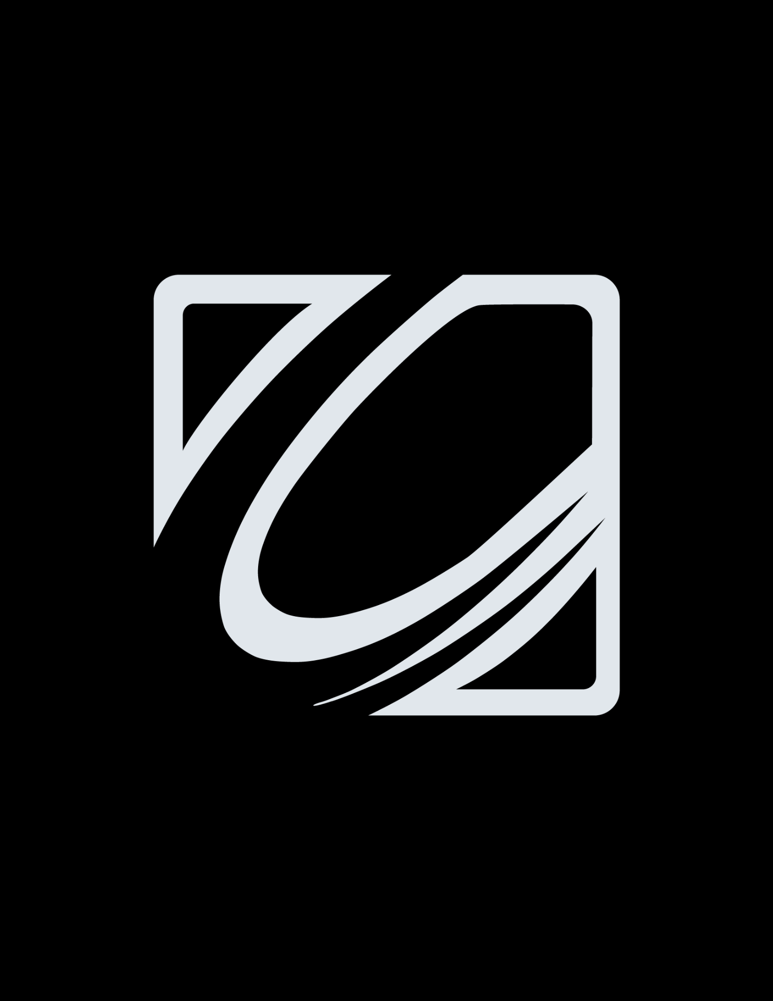 Black background with a gray geometric logo consisting of a square frame with a stylized swirling design inside.