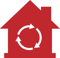 Red house icon with recycling arrows in a circle inside