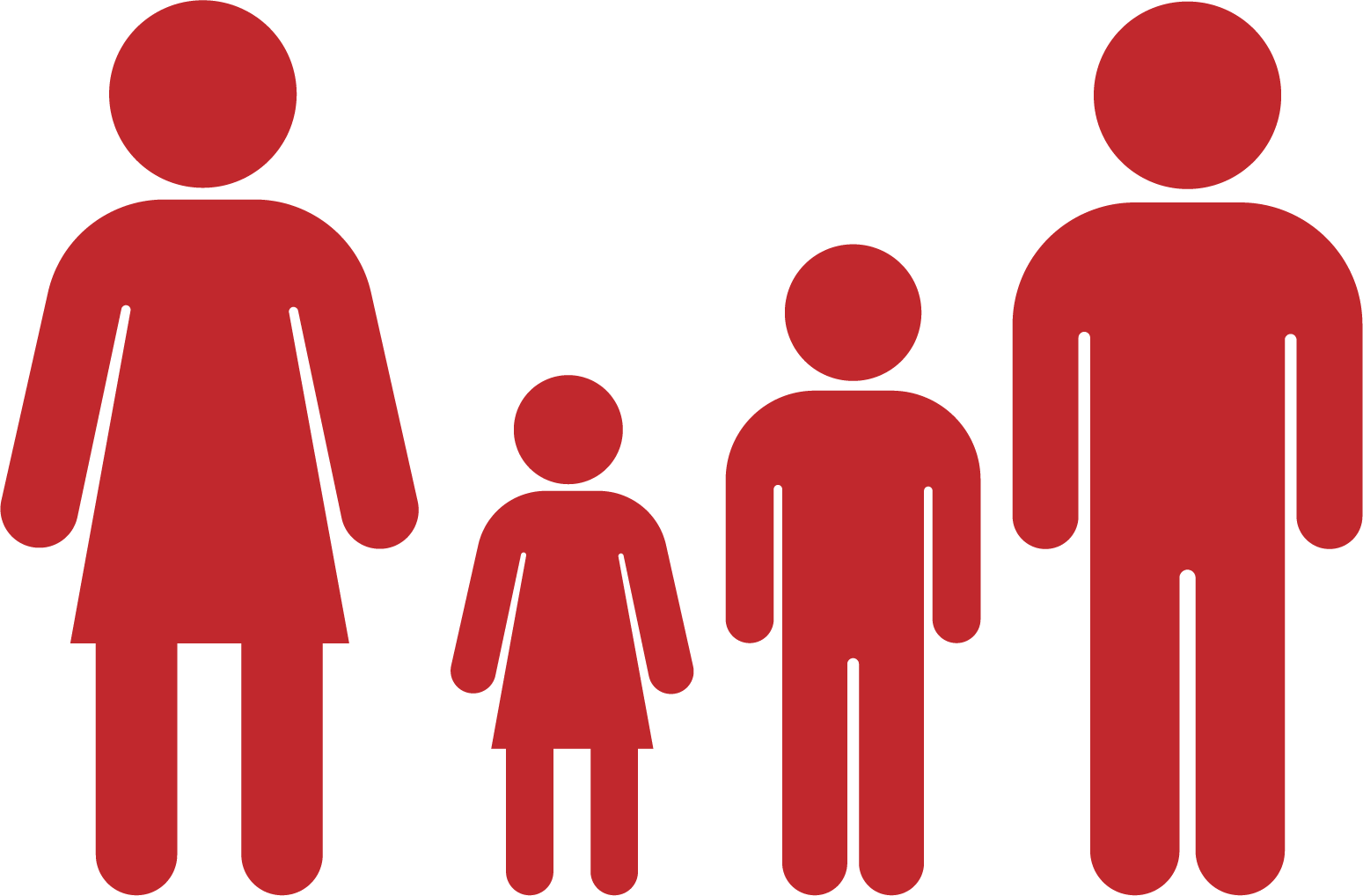 Stylized graphic of four human figures, smallest to largest, representing a family with a woman, a girl, a boy, and a man in red silhouettes.