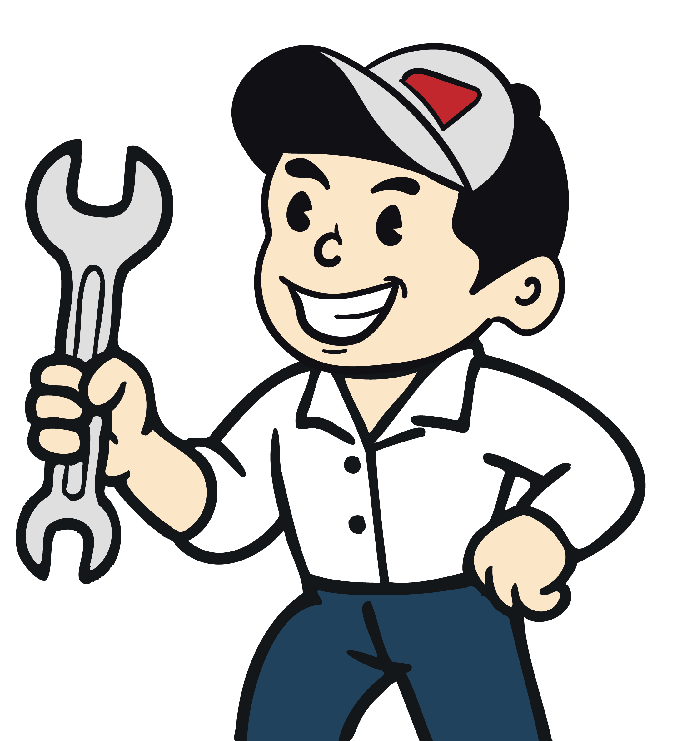 A cartoon mechanic boy smiling and holding a large wrench, wearing a white shirt, blue pants, and a cap.