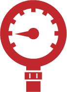 Red pressure gauge with a black dial and needle pointing to the low pressure zone