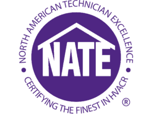 Logo for North American Technician Excellence (NATE) with purple circular border and the text 'CERTIFYING THE FINEST IN HVACR'.