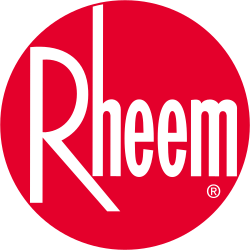 Red circle with the black text 'Rheem' inside.