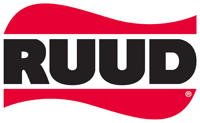 The RUUD logo in black and red on a black background.