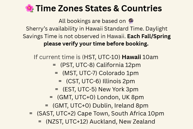 Chart of Hawaii Standard time to book Sherry Wright spiritual counselor, intuitive guide, and author based in Honolulu.