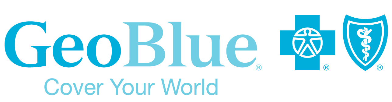 Logo for GeoBlue, a health insurance company, featuring the words 'GeoBlue' and 'Cover Your World' with a blue medical cross and a shield with a caduceus symbol.
