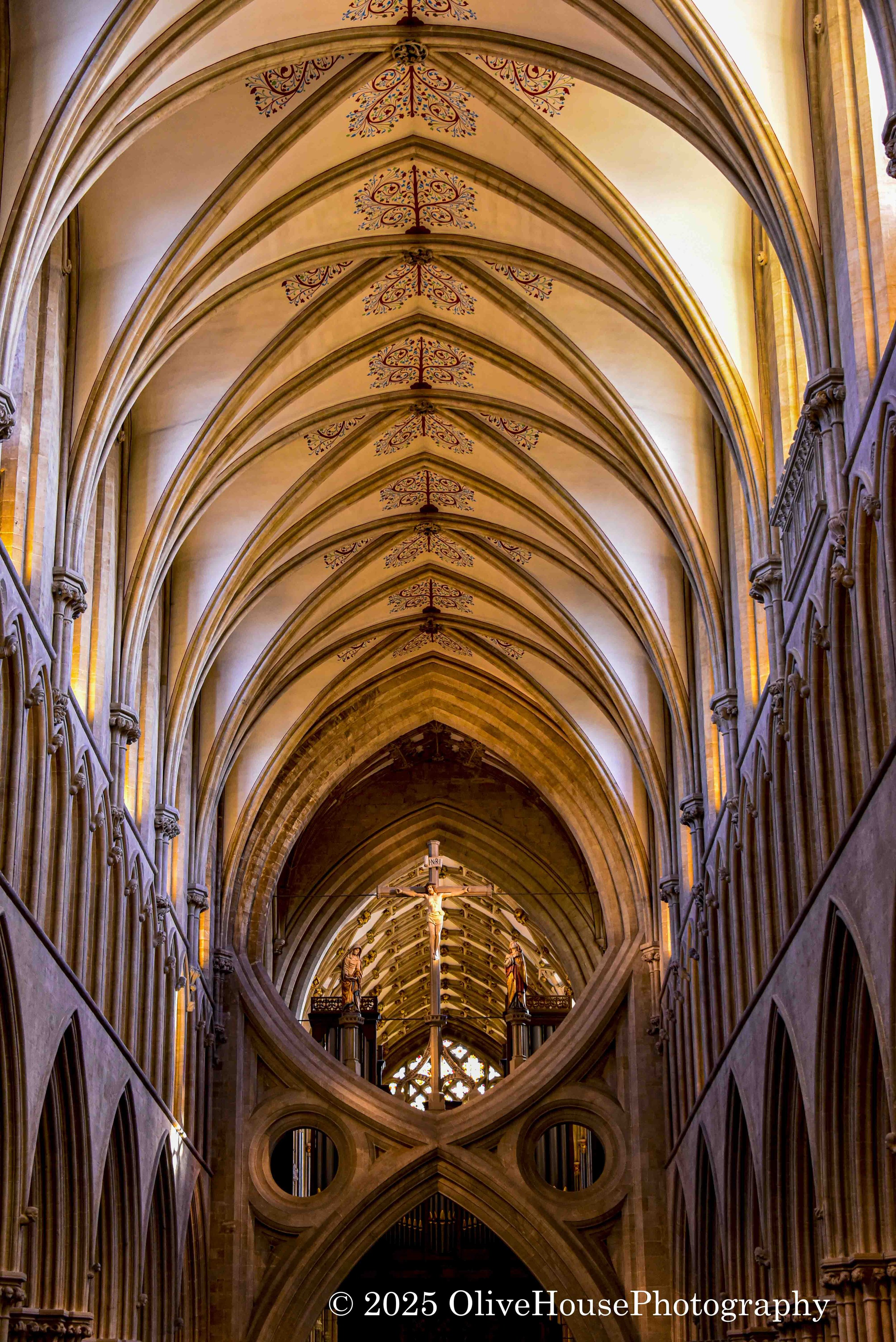 Beautiful ‘scissor arches’ of Wells Cathedral added to support  the weight of a new spire added in 1338. The Cathedral houses one of the largest collections of historic stained glass in the country, and the Wells Clock  (which is considered to be the