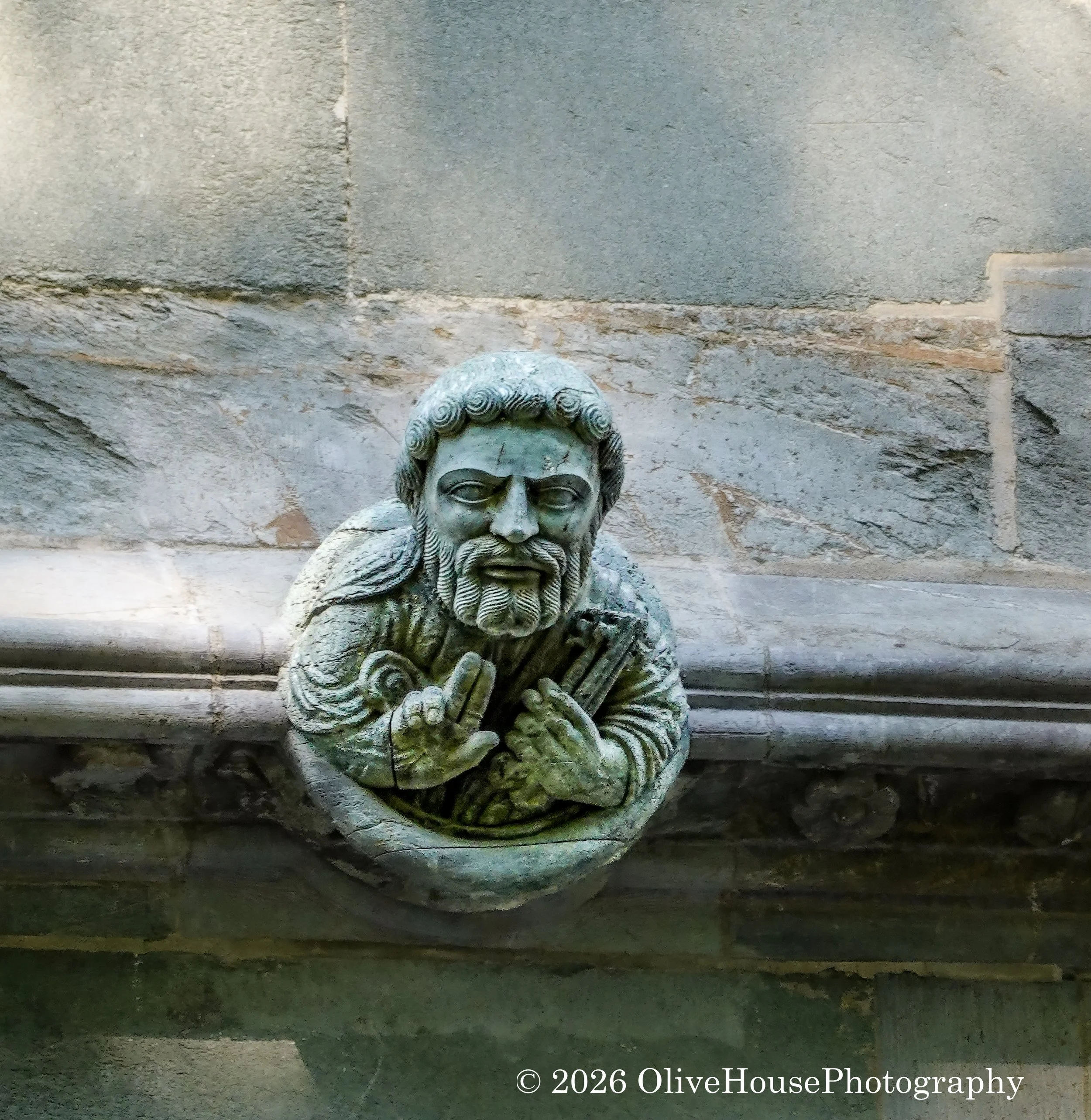  Stone sculpture on the Nidaros Cathedral in Trondheim, Norway, known as the "Blessing Monk". 