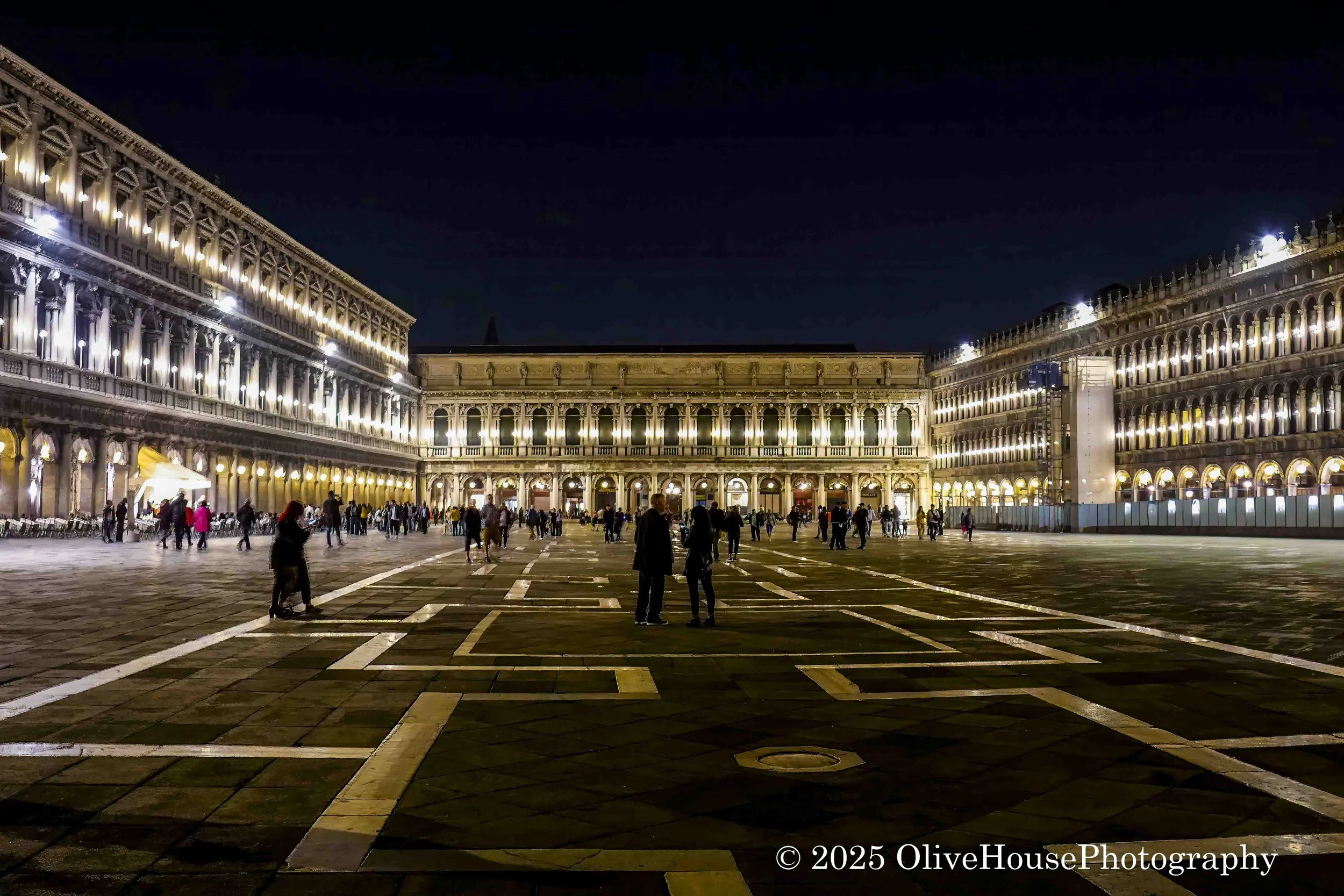 Night photo of Piazza San Marco (St. Mark's Square) in Venice, Italy.