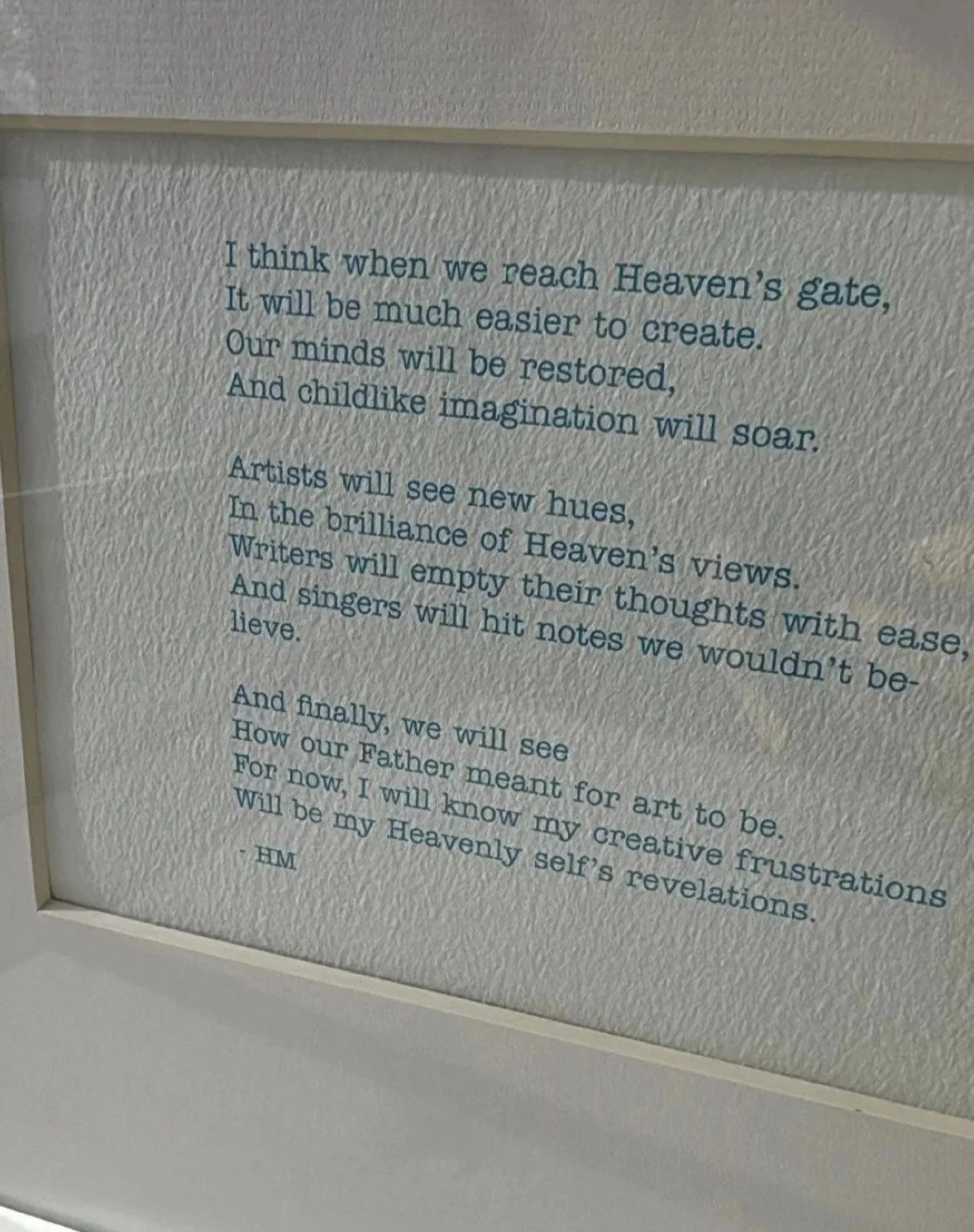 A printed poem about reaching Heaven, touching on themes of art, imagination, and divine understanding, attributed to 'HM'.