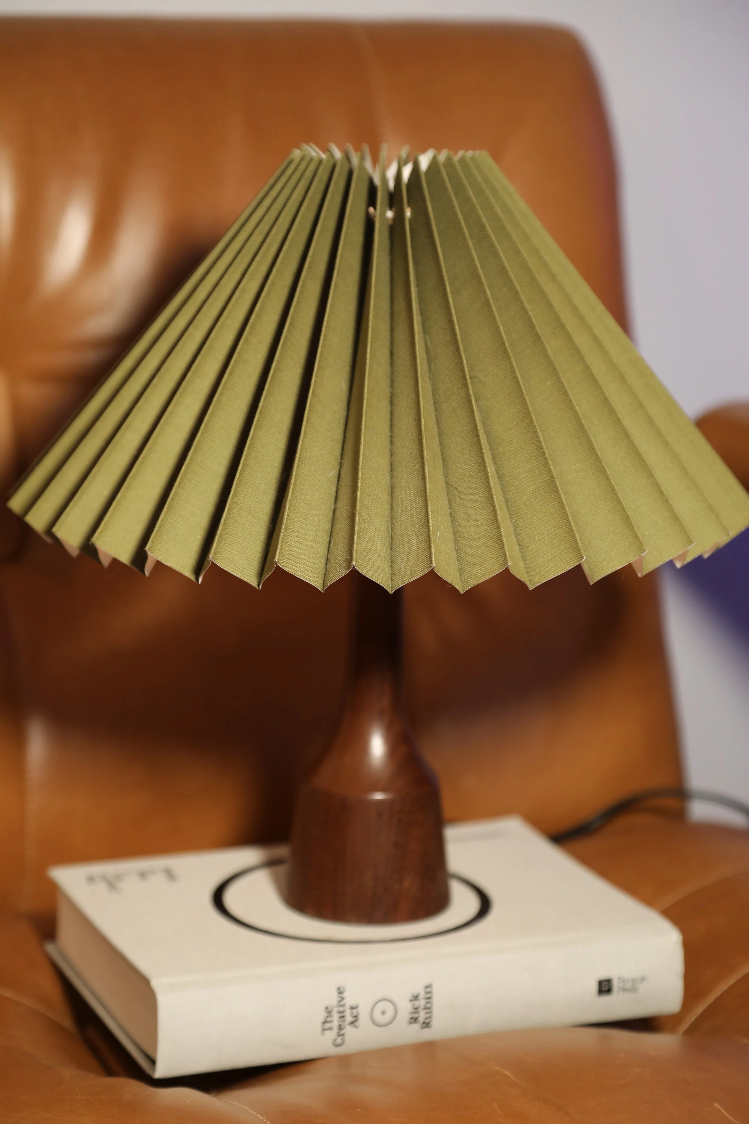 Teak Table Lamp with Clip On Olive Pleated Shade
