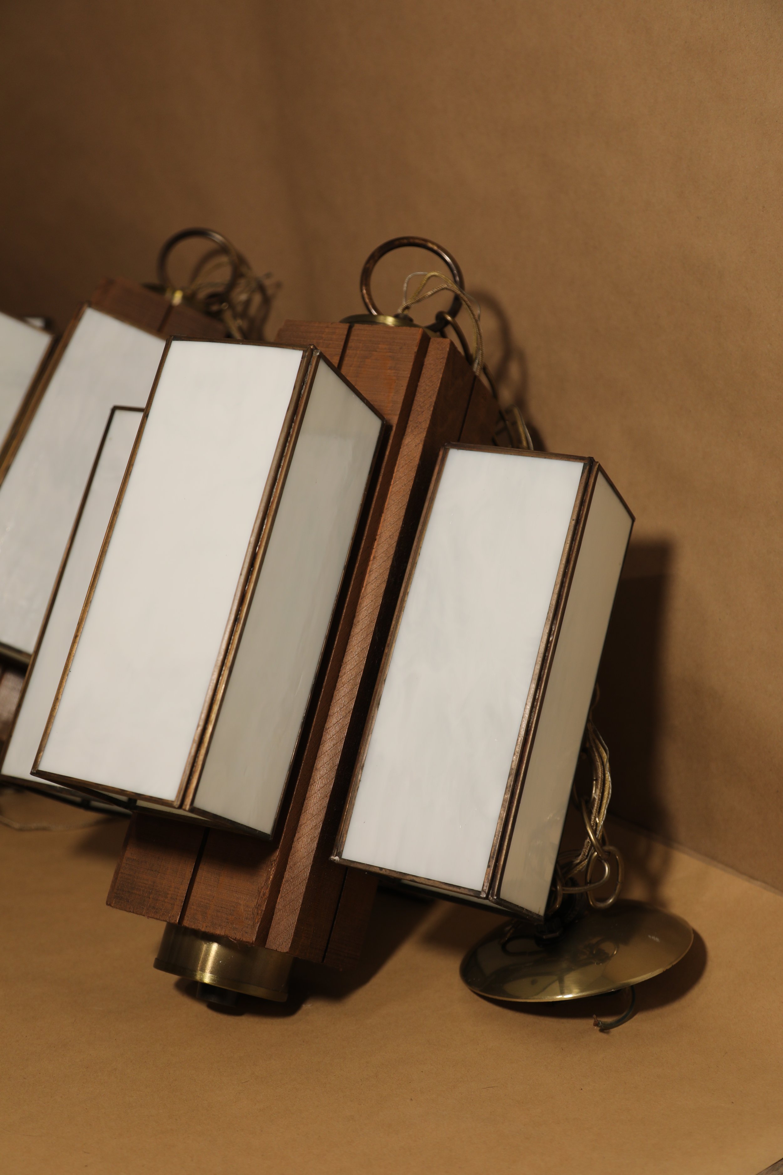 Vintage Wood & Milk Glass Pendant Lights — Set of 3