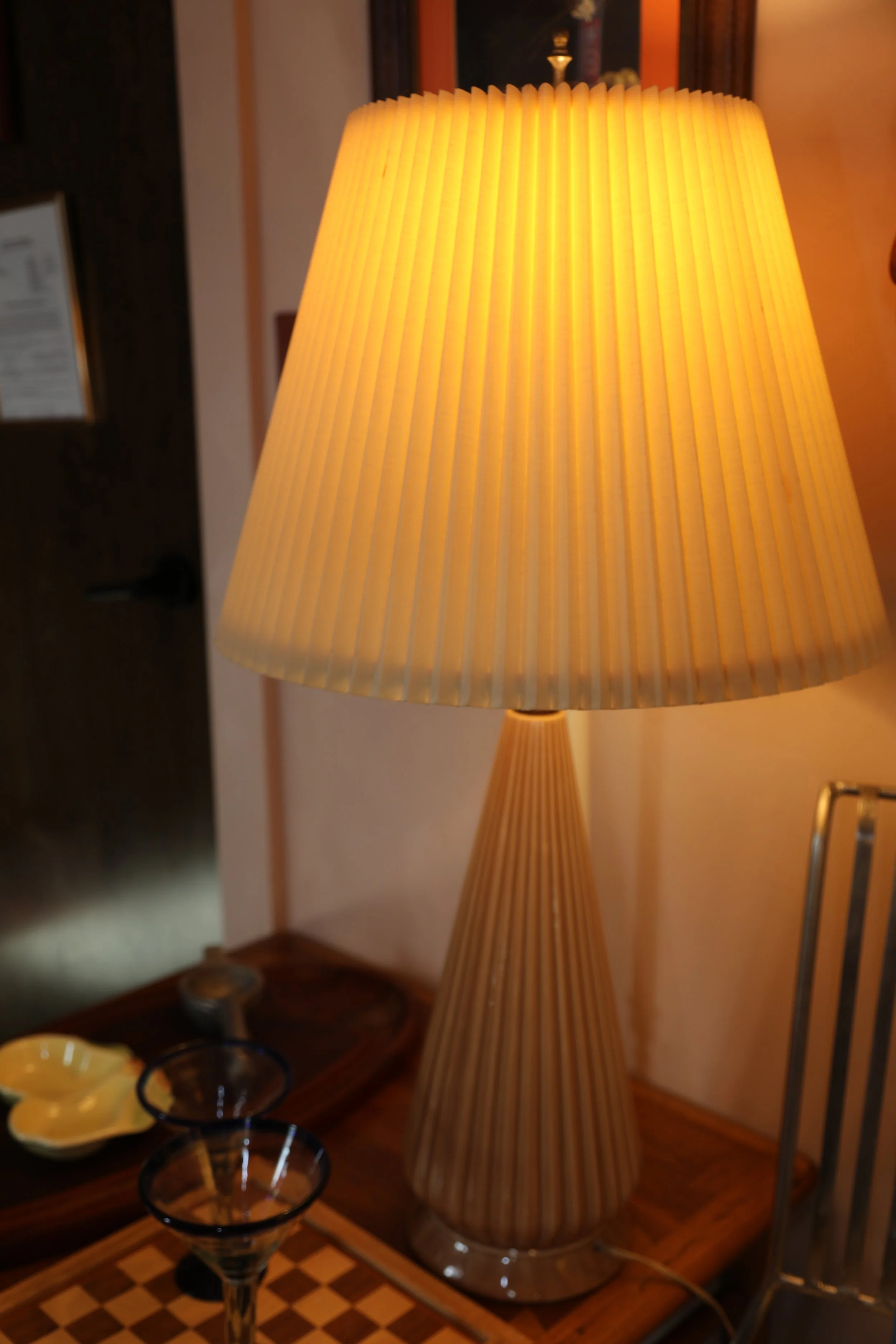 MCM Walnut + Ceramic Lamp with Pleated Shade