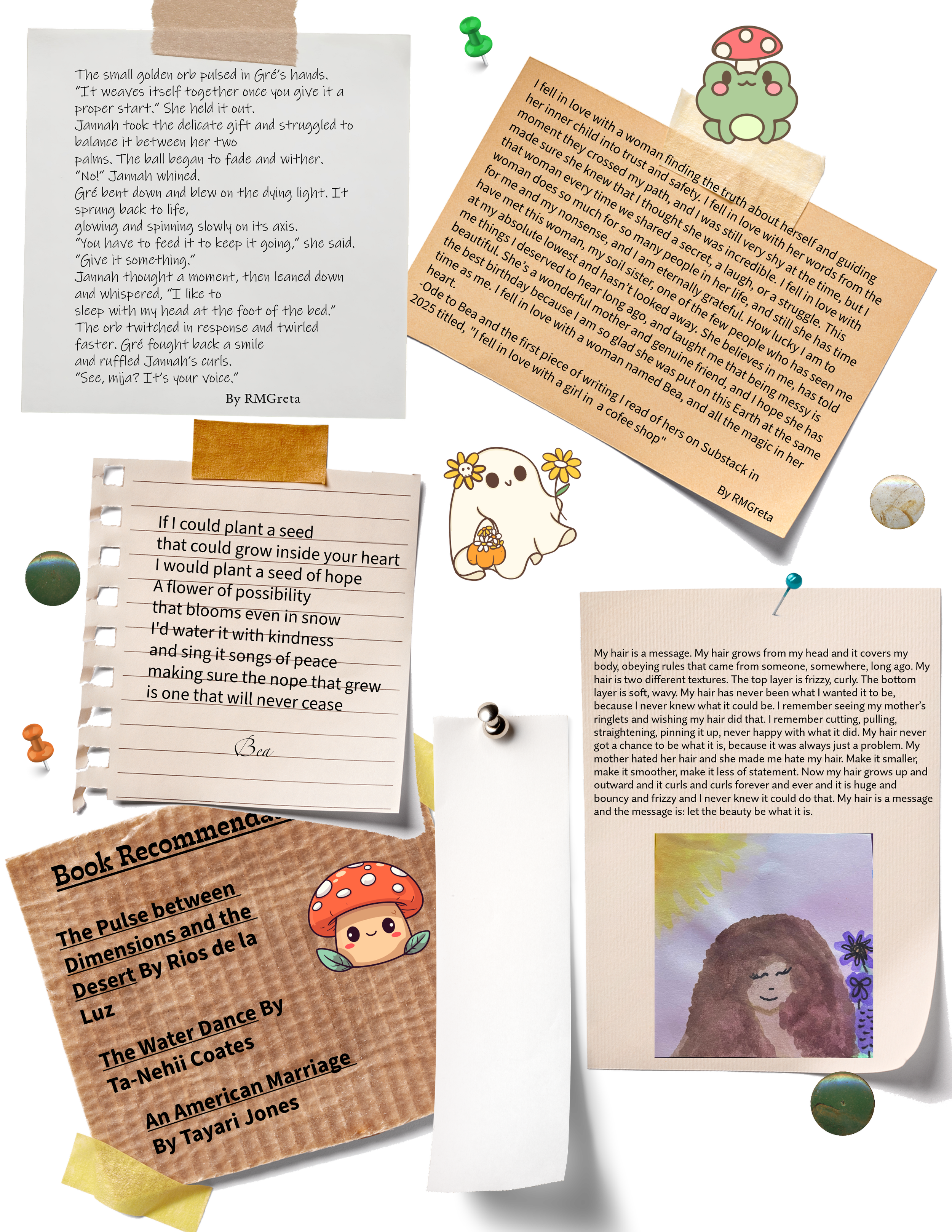 A collection of handwritten and printed notes, along with cute stickers and illustrations, arranged in a collage style. The notes contain poetic and reflective text about love, self-discovery, and personal growth. The image also features decorative elements such as a mushroom and a girl with curly hair, as well as tape, pins, and small illustrations. The overall theme is artistic and introspective.