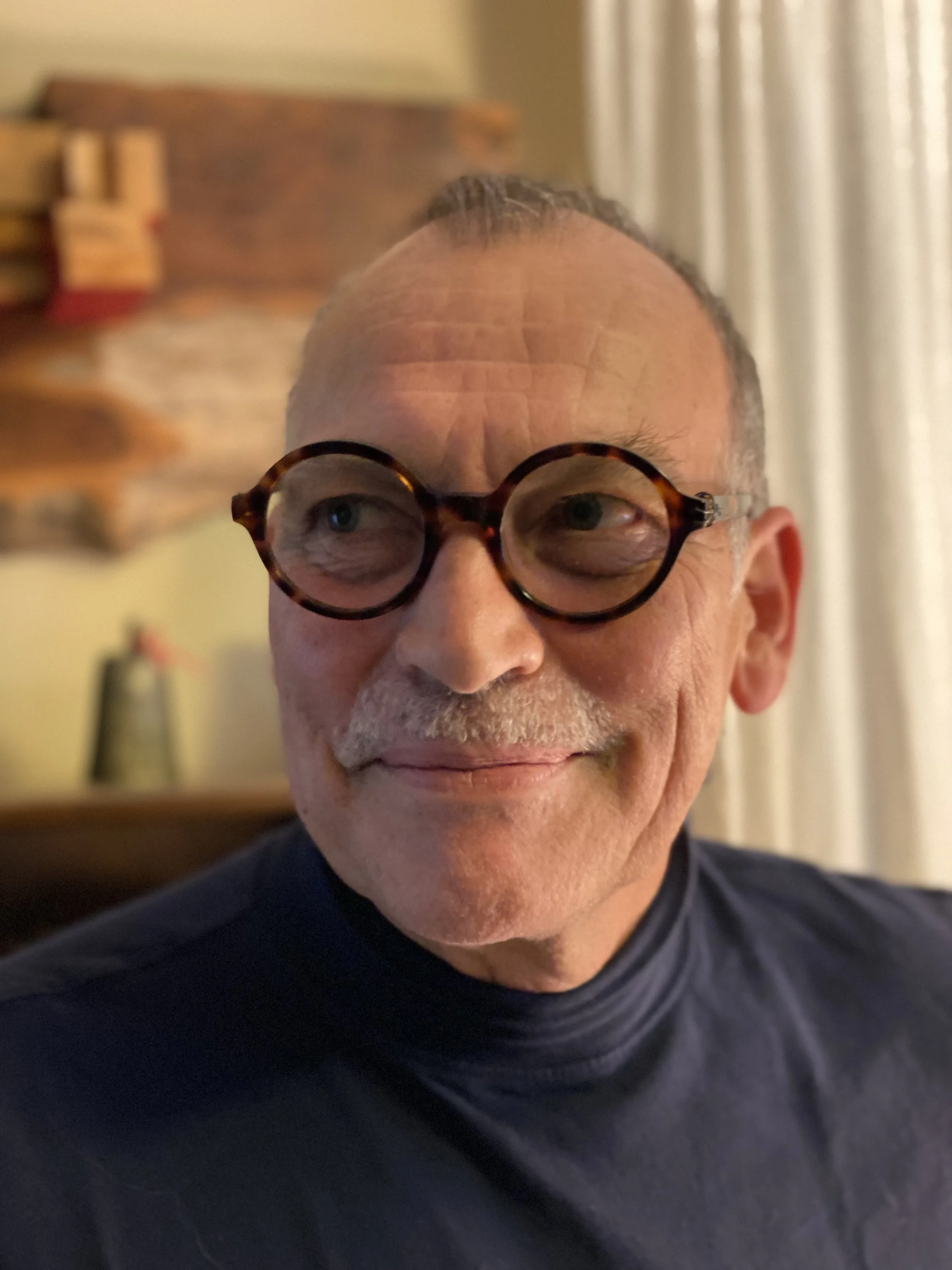 A middle-aged man with short gray hair, wearing round tortoiseshell glasses, smiling slightly, dressed in a dark shirt, sitting indoors with beige curtains and a blurred painting or picture in the background.
